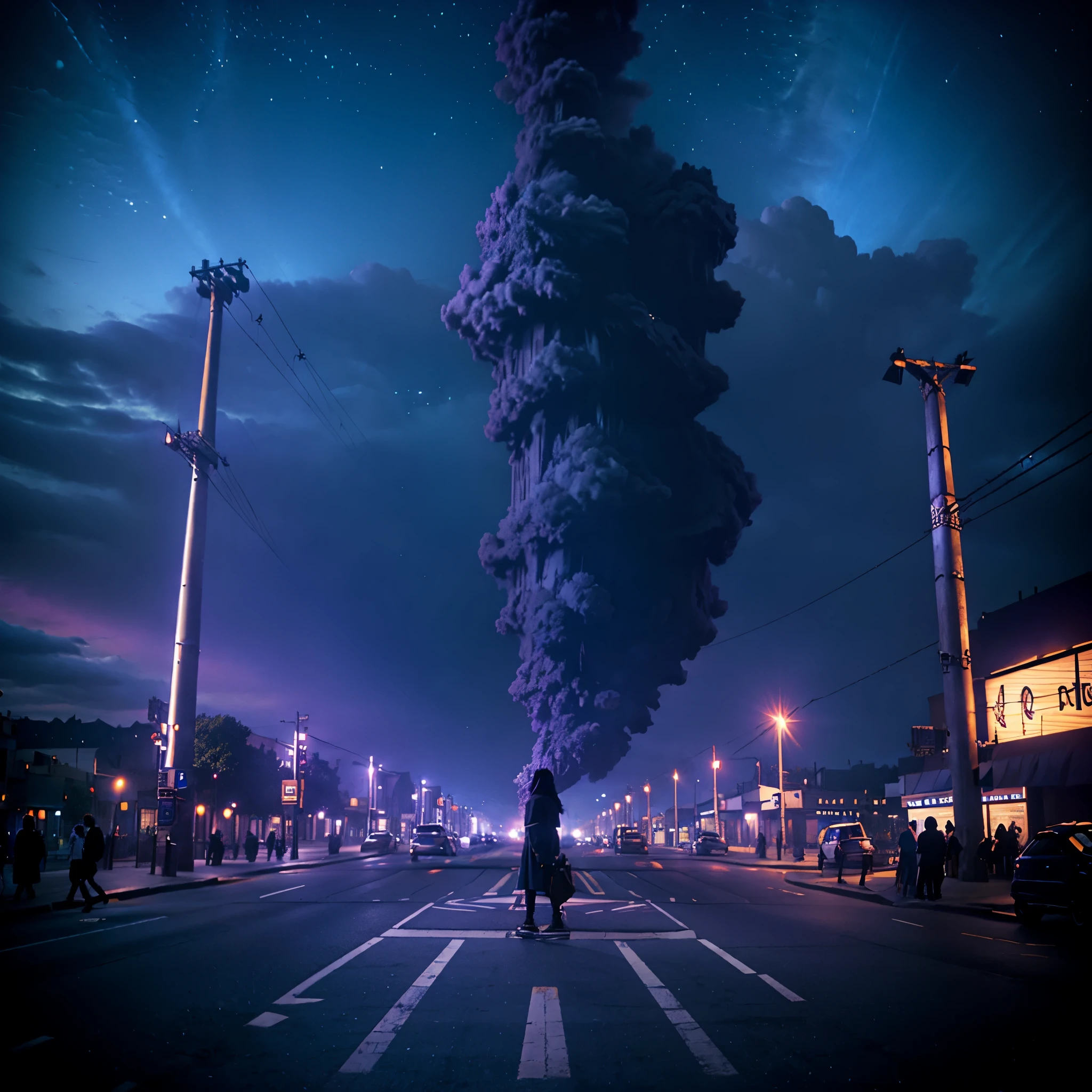 Celestial cityscapes, purplish blue, busy streets, high res