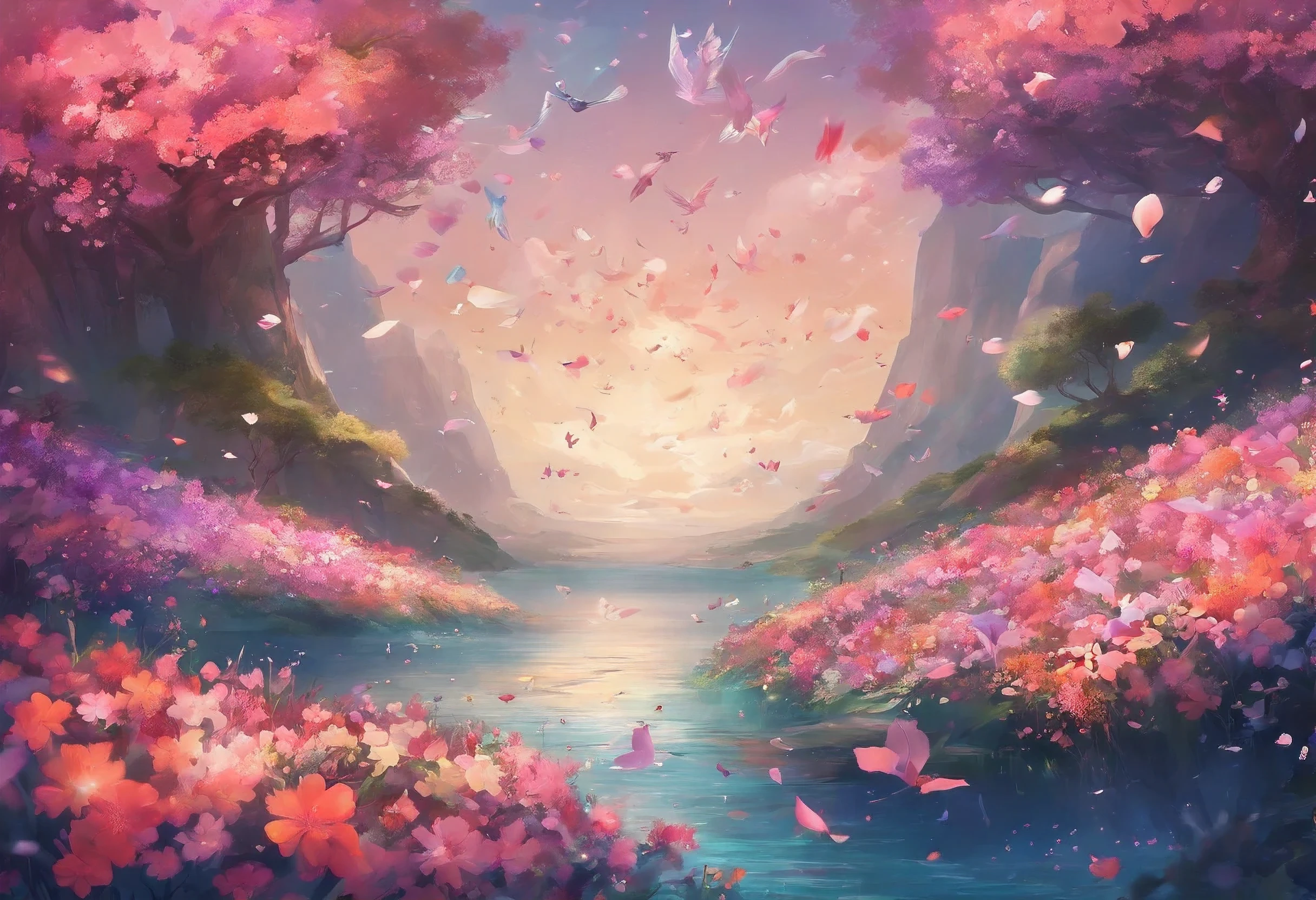 sea of flowers, sea of love, petals are flying, overflowing with flowers, flowers soaring in the air