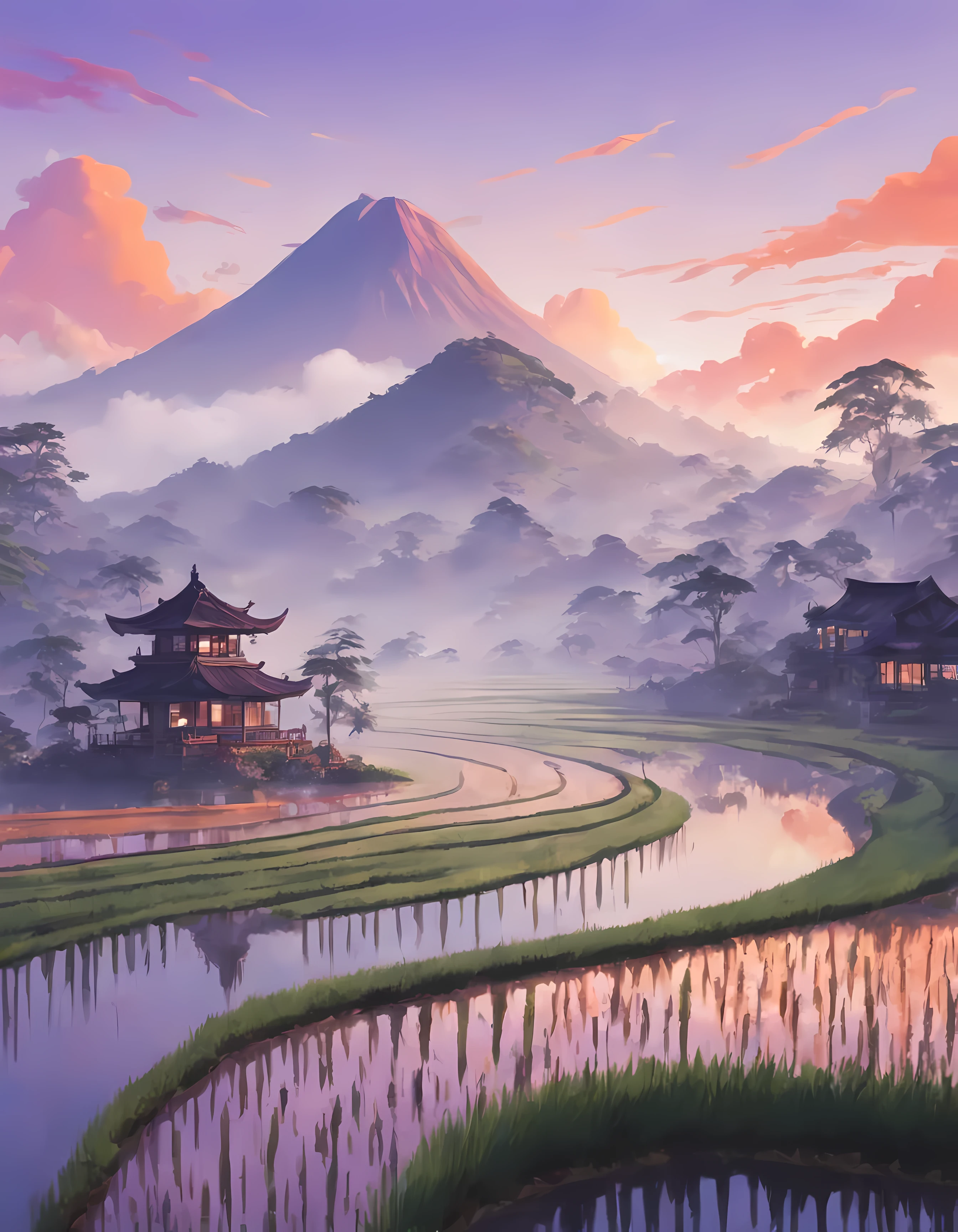 (Surrelasim:1.4), cute anime style, design a captivating image of a ((mystical mist)) hovering above a ((lush rice paddy)), mesmerizing dawn with hues of orange, pink and purple, (Japanese architecture), cloudy, dreamy, ((epic)), masterpiece in maximum 16K resolution, superb quality. | ((More_Detail))
