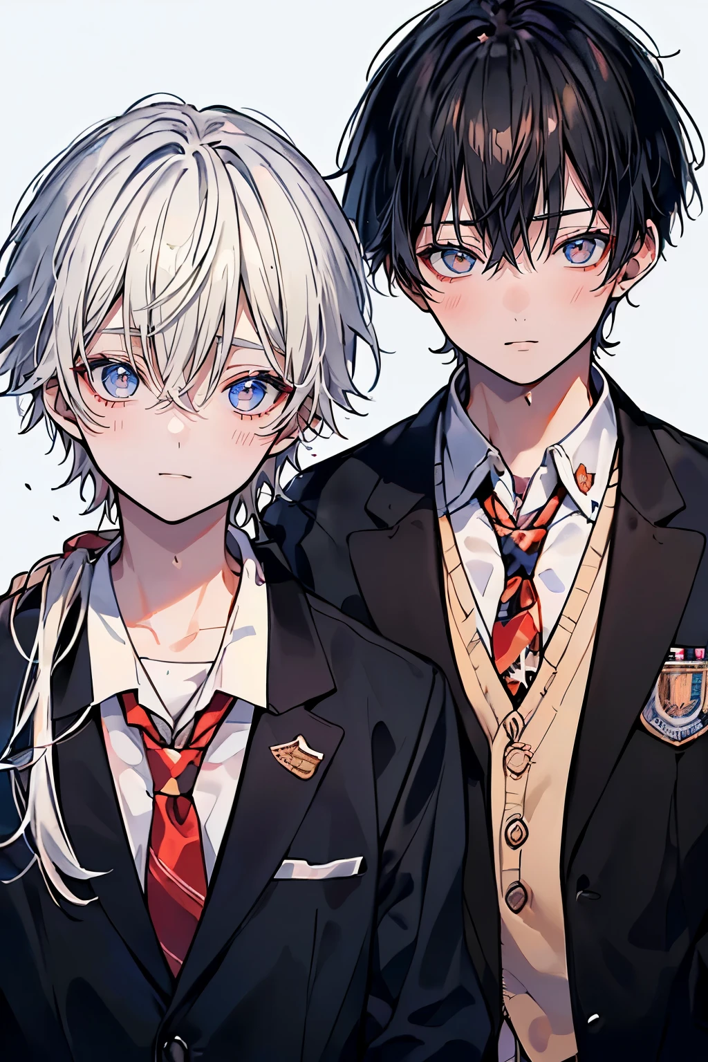 (muste piece), (best quality), very detailed, (((Two friendly high school boys:1.5))), perfect face, beautiful face, very detailed face，(black haired man:1.3)，(white haired man:1.3)，School，classroom，student uniform，tie，shirt