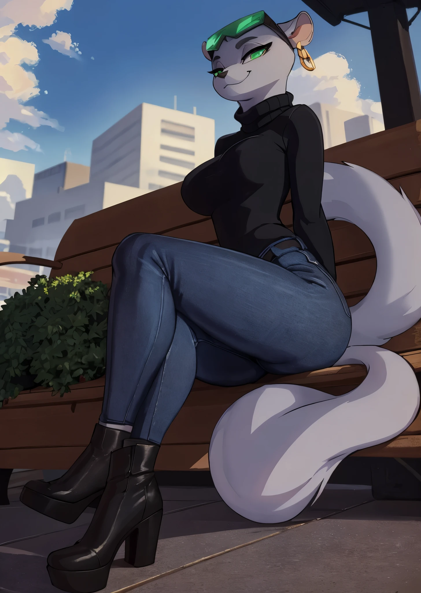 [marie itami], [brand new animal], [Uploaded to e621.net; (wamudraws), (Pixelsketcher)], ((masterpiece)), ((HD)), ((high res)), ((solo portrait)), ((full body)), ((side view)), ((feet visible)), ((furry; anthro)), ((detailed fur)), ((detailed shading)), ((beautiful render art)), ((intricate details)), {anthro mink; grey fur, black nose, (cute green eyes), (detailed iris), (long eyelashes), (long fluffy tail), (curvy hips), (detailed legs), (beautiful legs), (smug smirk), (relaxed expression)}, {(black turtleneck sweater), (tight jeans), (black boots), (heels), (green sunglasses on head)}, {(sitting on bench), (crossed legs), (looking at viewer)}, [background; (city), (beautiful port), (clouds in sky), (blue sky), (sun rays), (ambient lighting)]