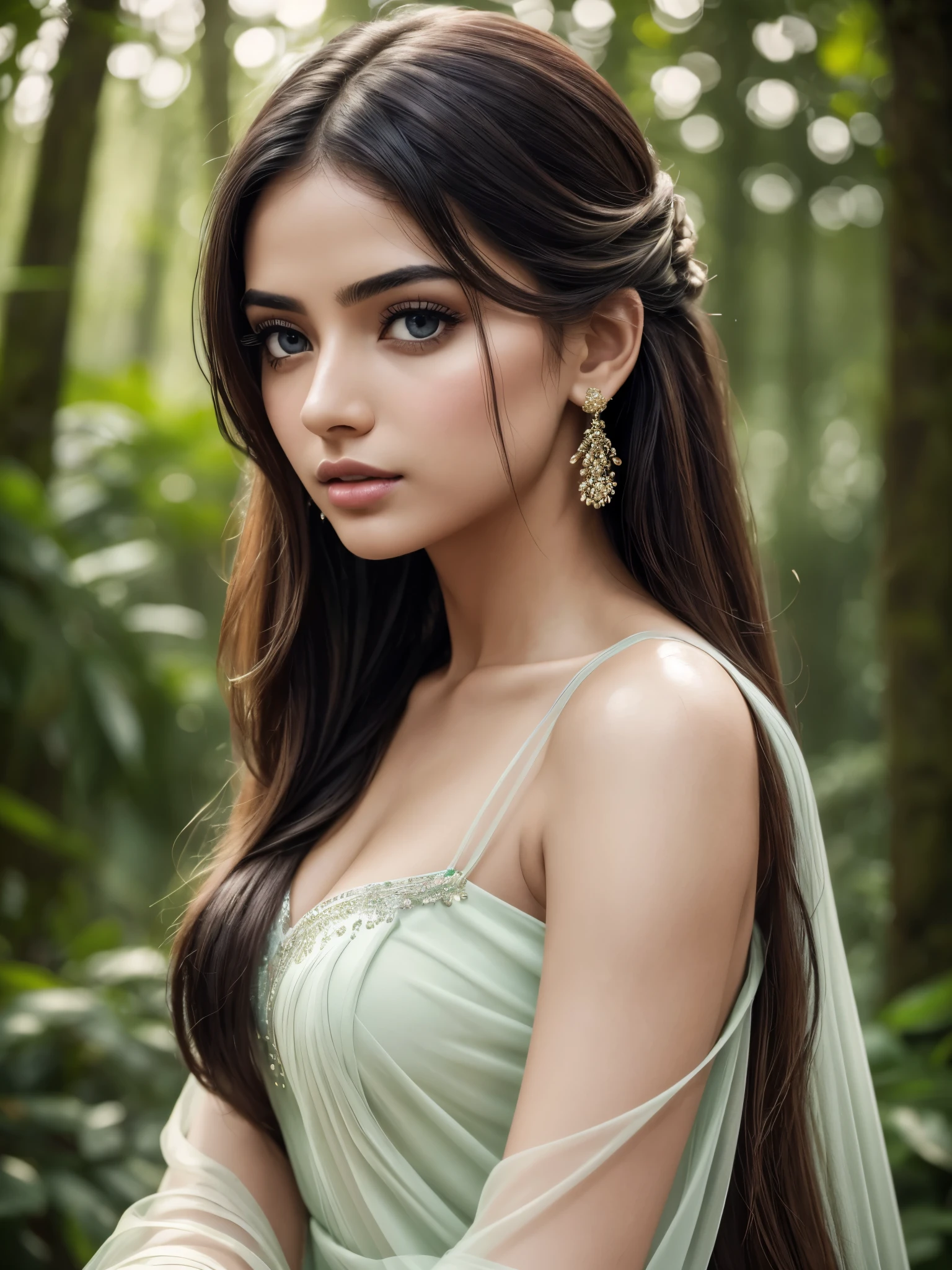 (best quality,4k,8k,highres,masterpiece:1.2),ultra-detailed,(realistic,photorealistic,photo-realistic:1.37),fashion photography, Indian girl, beautiful detailed eyes, slight smile, beautiful detailed lips, long eyelashes, random hairstyle, random hair colour, stylish makeup, perky, gorgeous model, posing with confidence, sensuous expression, modern photography techniques, striking contrast between light and shadow, soft and natural lighting, pale skin tone, subtle blush, pop of colour on the lips, dramatic background with vivid colours, artistic composition, ethereal atmosphere, whisper of wind blowing through her hair, graceful and elegant posture, bokeh effects, green flowing sheer dress, exquisite accessories, bold and creative fashion choices, in a lush forest, raining, wet