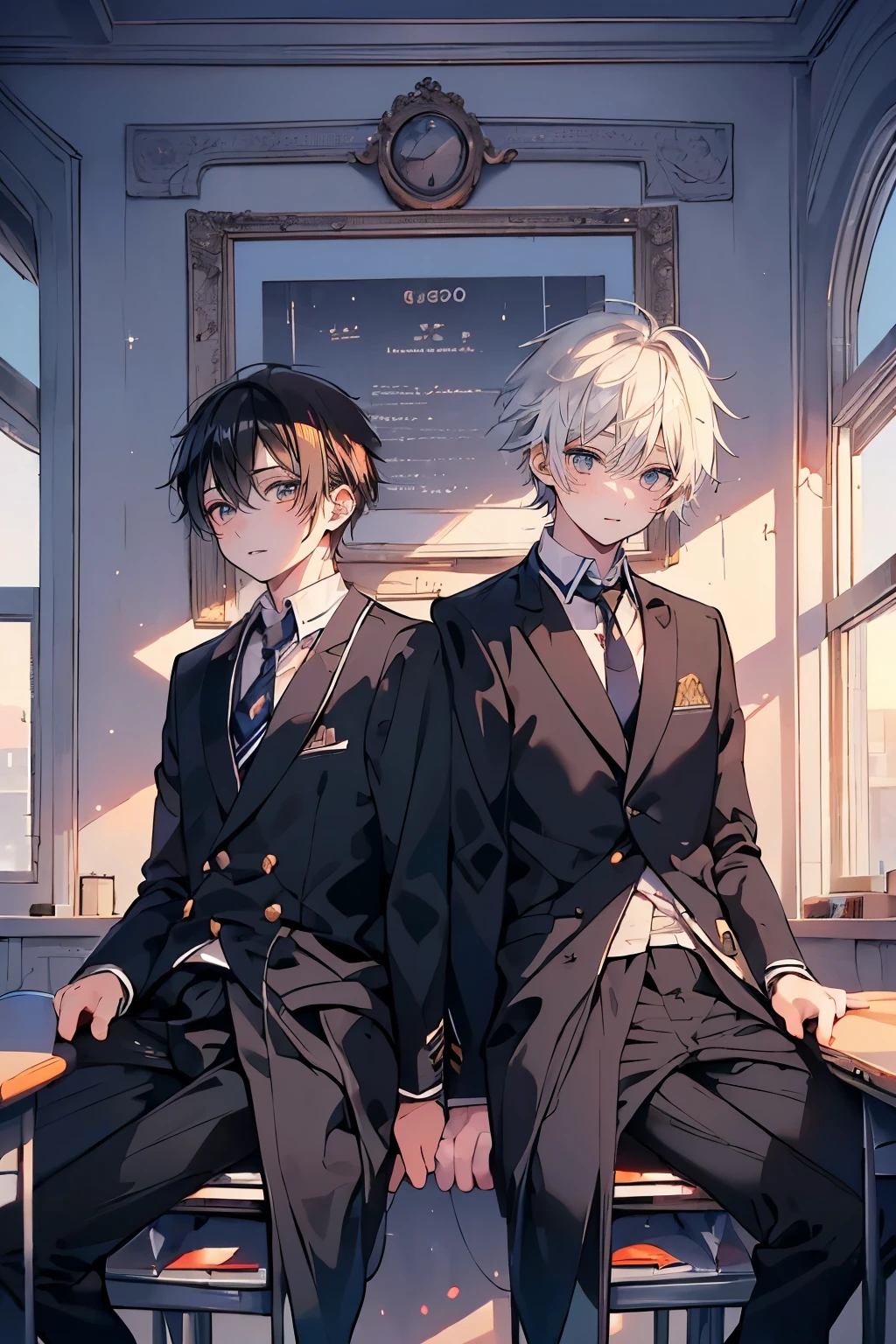 (muste piece), (best quality), very detailed, (((Two friendly high school boys:1.5))), perfect face, beautiful face, very detailed face，(black haired man:1.3)，(white haired man:1.3)，School，classroom，student uniform，tie，shirt