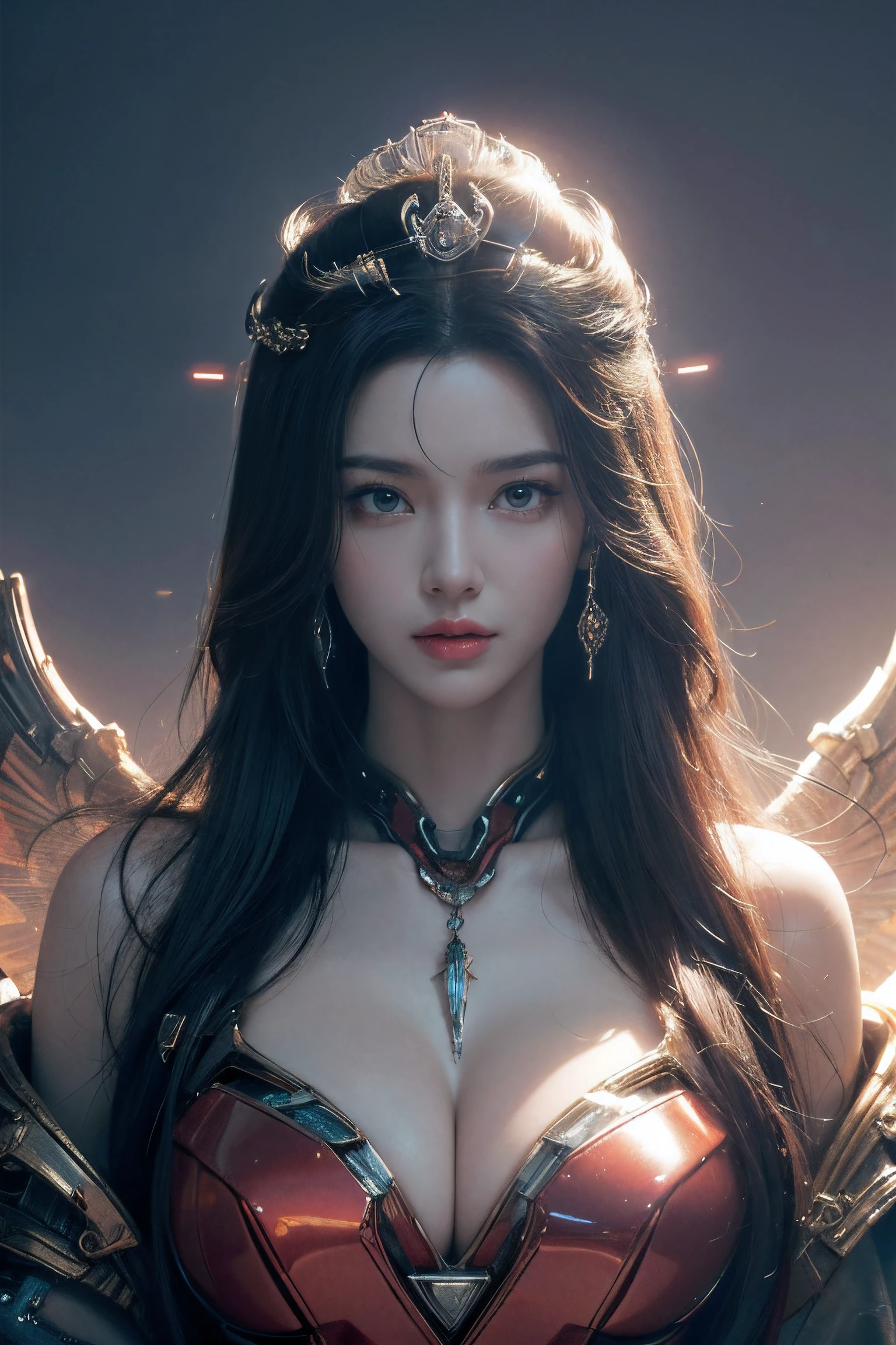 tmasterpiece,Best quality,A high resolution,8K,(Portrait),Head close-up,Digital Photography,(The goddess of mercy full of cyberpunk style),(Female Fairy),Halo of red magic shining behind the characters,A plump chest,cleavage,Elegant and serious,Arrogant and indifferent,(The Crown of the Gods),ancient and mysterious,stately,greybackground,oc render reflection texture