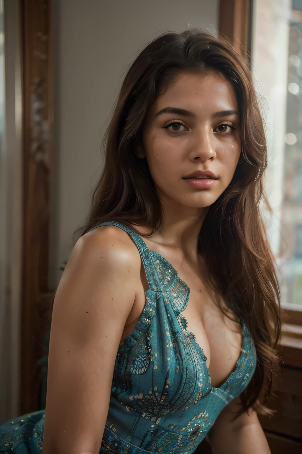 best quality)), ((masterpiece)), (detailed), perfect face epiCRealLife, (8k, highest quality, ultra detailed:1.37), analog style, model photography style, RAW, Photo of a beautiful girl, Mexican greek, brunette, long hair, sexy pose, no tattoos, wearing a beautiful long dress.