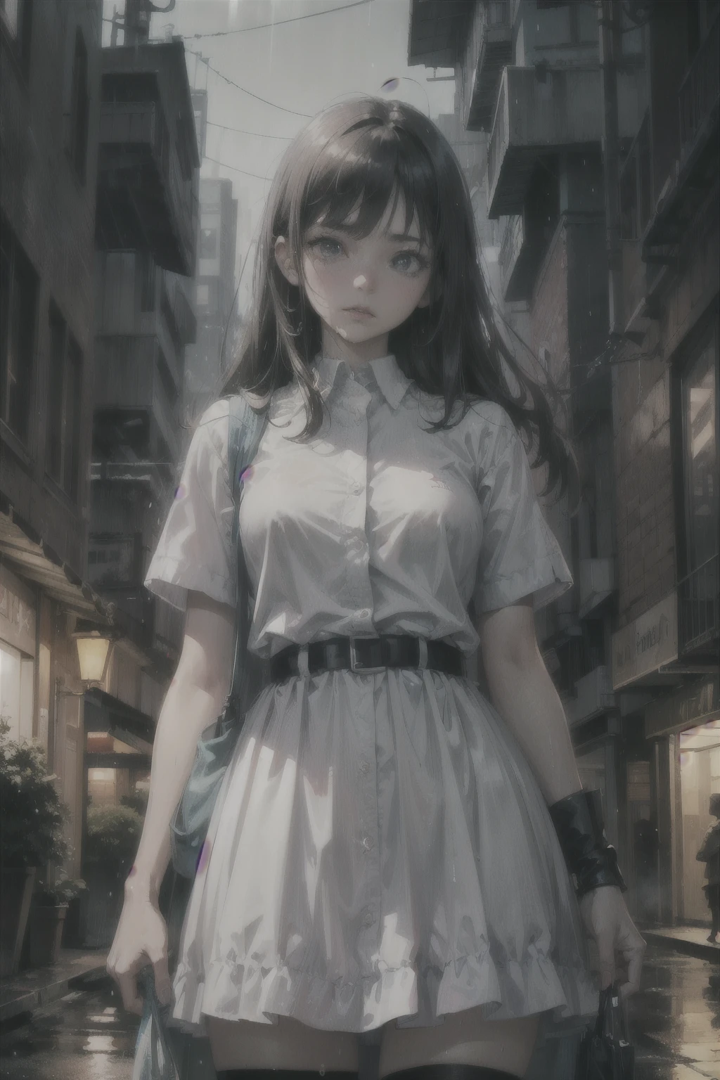 16K, HDR, UHD, best quality, masterpiece, anime style, beautiful young woman in beautiful flower garden, raining, wet, detailed rain droplets, cowboy shot, wearing a beautiful dress, ultra beautiful detailed  eyes, hyperdetailed face, complex,  perfect, model,  textured,  chiaroscuro, professional make-up, realistic, rough, dominating, figure in frame, by WLOP, cinematic lighting, award winning, RTX, ray tracing, hyper realistic, ethereal, post-apocalyptic, dystopian, cyberpunk, night, neon lights, despair, sad