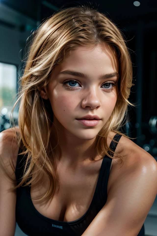 ultra realistic, highly detailed skin, A young woman, inspired by the natural elegance of ((blonde Barbara Palvin)) (hair dyed blonde),blonde hair,(self-shot), 24-year-old blonde RAW ultra-high definition portrait photos doing yoga, (low chest), specific details (textured!, shortcoming: 1.1), Bright blue eyes with lots of details (looking at the camera in), SLR lighting, reflector, Super quality, re-sharpen, depth of fields, cinematic grain (centre), Fuji XT3, Clear, Cadre Center, Nice face, lock focus, Delicate skin pores, A fitness enthusiast in the gym, wearing a sleek black yoga top, engaged in a focused workout session,