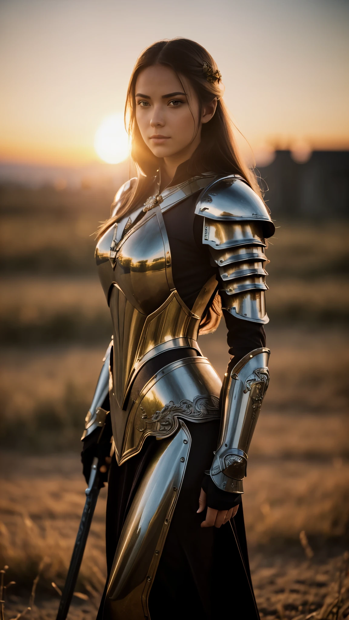 (masterpiece), (extremely intricate:1.3), (realistic), full body girl, the most beautiful in the world, (metal medieval armor), metal reflections, golden sword, outdoors, intense sunlight, far away castle, professional photograph of a stunning woman detailed, sharp focus, dramatic, cinematic lighting, octane render unreal engine, volumetrics dtx, (film grain, blurry background, blurry foreground, bokeh, depth of field, sunset, motion blur:1.3), 