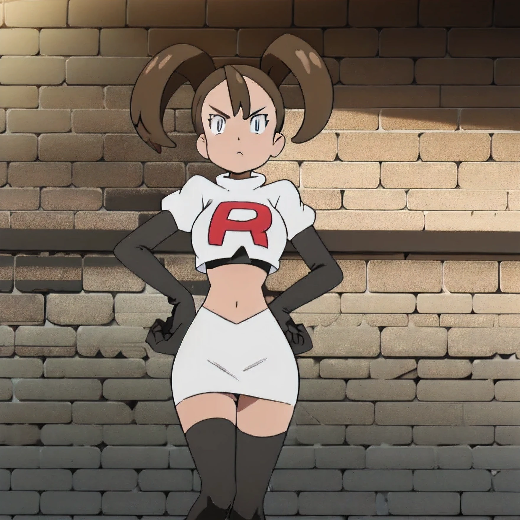 8k, anime screencap,1girl in, (solo:1.1), (perfect body:1.1), (best quality:1.1), very large breast, team rocket uniform, red letter r, white skirt,white crop top,black thigh-high boots, black elbow gloves, glaring angrily, looking down at viewer, hands on hips,zettai ryouiki,cowboy shot