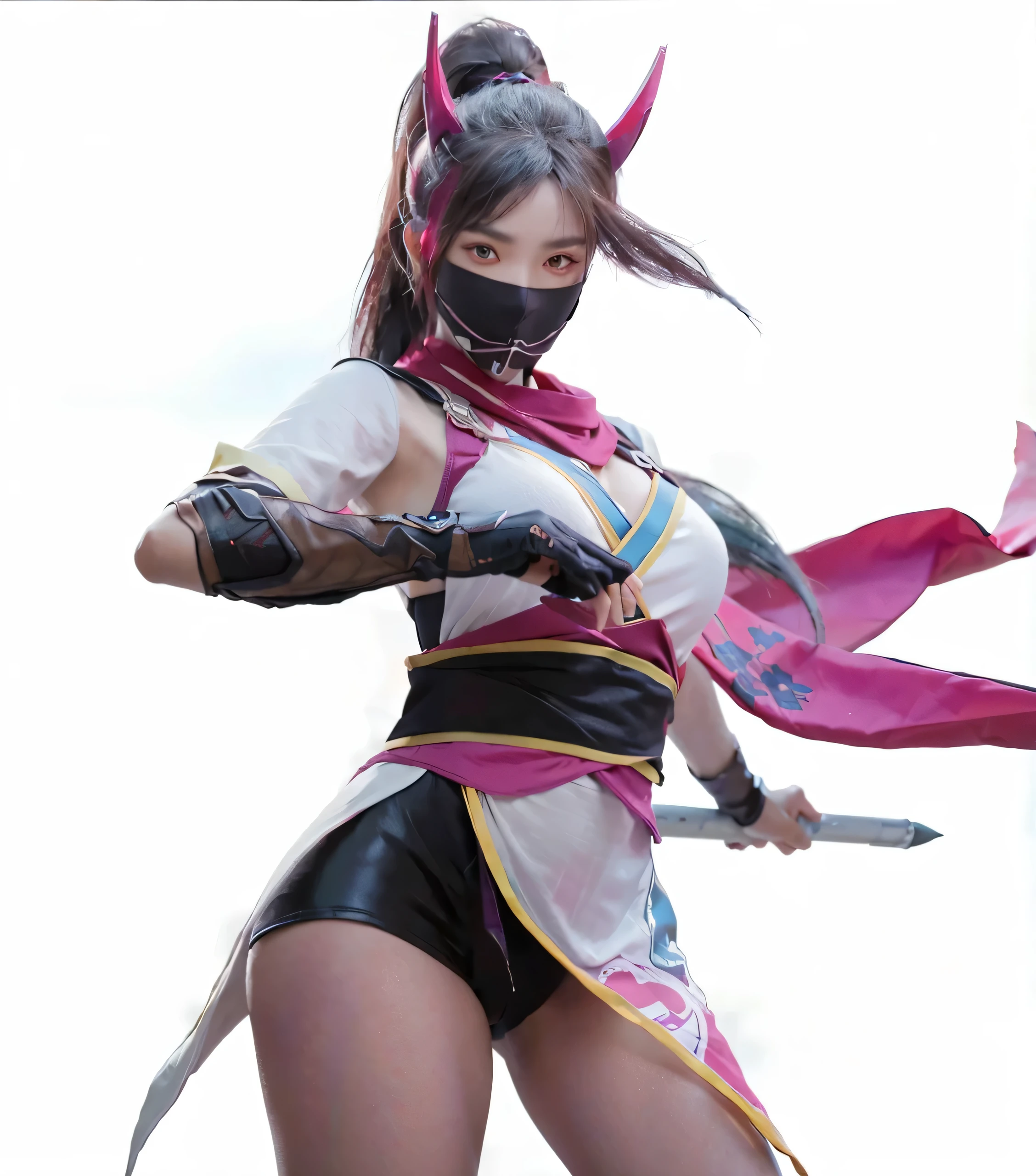 A beautiful Japanese assassin sitting and holding a word, Wearing a half-demon mask, Dressed in purple and black, Inspired by《League of Legends》Akali in, High low angle shot, dark environment, Good face shape, Good shape, Good player, High low angle shot, Realistic 3A game rendering, 3D game rendering style, UE4 rendering, c4d rendering, Octane Red Sodium, blender style, game art, Unreal Engine 5, Front view