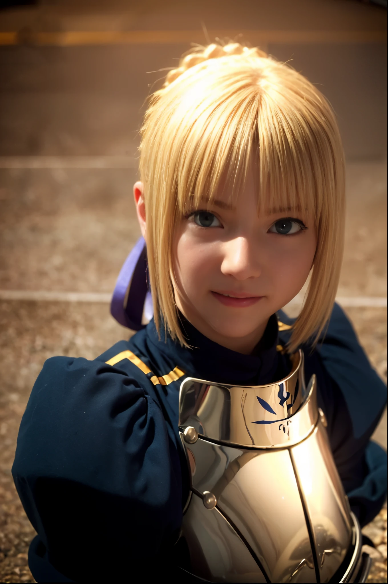 1girl,(((17 years old))),(a blond), (braided single hair bun)), (huge breast:1.5), (smile:1.1), (((armor))), ((beautiful anime eyes with fine detail)), ((indigo blue ribbon)), realistic skin, (intricate details), ((lighting forward)), depth field, ((ultra high resolution, high res)), {highres}, {{very fine 8KCG wallpapers}}, {{very precise detailed}}, ((((masterpiece)))),background old castle, ((grasp a excalibur)), ((golden sword))