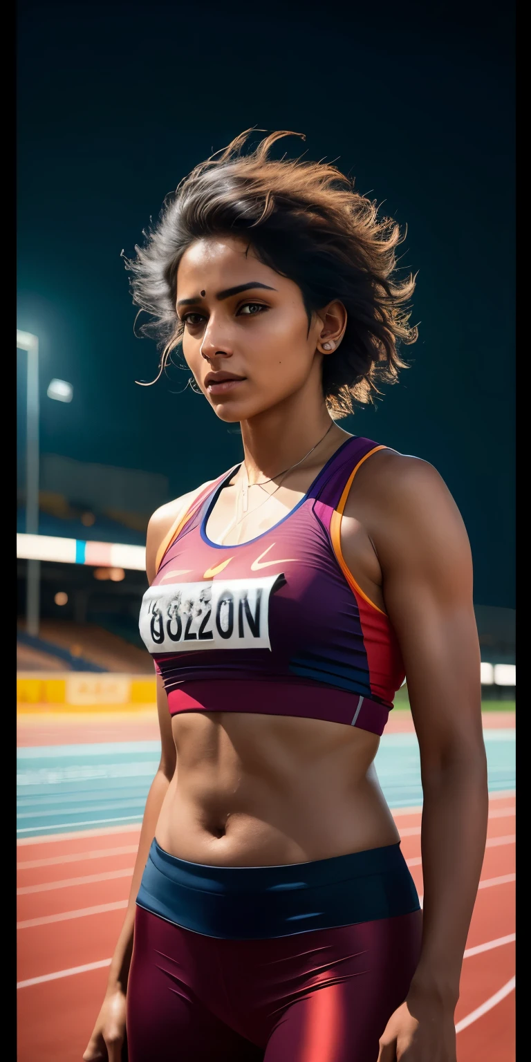 beautiful mature Indian college girl, in track outfit, outside on track field, ((slim, )), photorealistic, photo, masterpiece, realistic, realism, photorealism, high contrast, photorealistic digital art trending on Artstation 8k HD high definition detailed realistic, detailed, skin texture, hyper detailed, realistic skin texture, armature, best quality, ultra high res, (photorealistic:1.4),, high resolution, detailed, raw photo, sharp re, by lee jeffries nikon d850 film stock photograph 4 kodak portra 400 camera f1.6 lens rich colors hyper realistic lifelike texture dramatic lighting unrealengine trending on artstation cinestill 800,