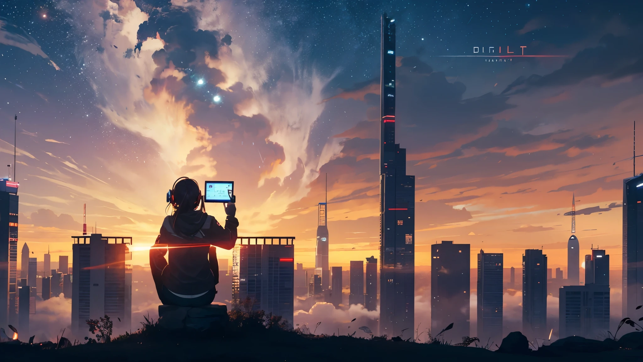 octane, red sunset, star (null), scenery, starnull, night, 1 girl,silhouette, Wearing headphones,nightnull, alone, outdoors, building, cloud, milky way, Seated,nullを見上げている, wood, long hair, city, scape,
