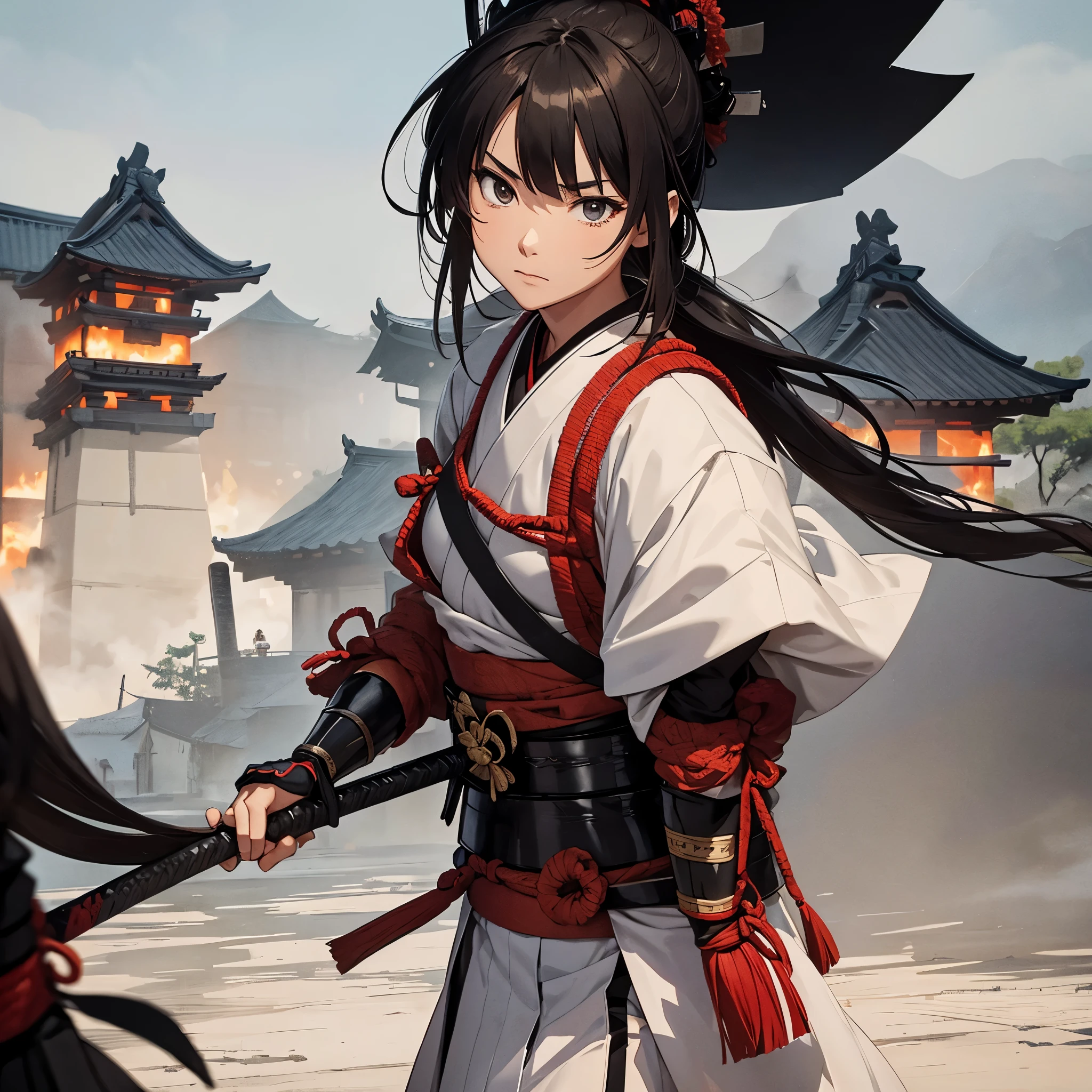 Samurai in full height, the village is burning