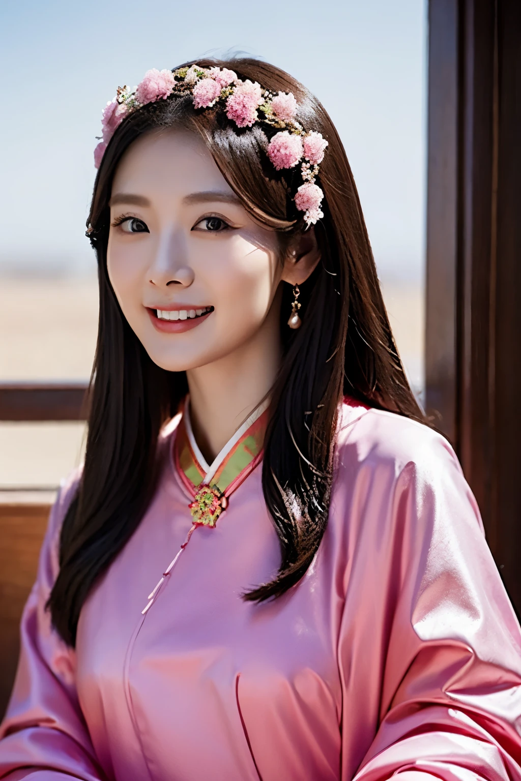 Alakfi women wearing pink clothes and pink headdresses, Ancient Chinese princess, chinese princess, ancient chinese beauties, Chinese girl, palace , A girl wearing Hanfu, elegant numbers, chinese woman, Chinese traditional, Chinese style, beautiful fantasy queen, traditional beauty, Beautiful digital art work, Detailed face of an Asian girl, round fat face,charming smile,oriental face, Inspired by Lan Ying