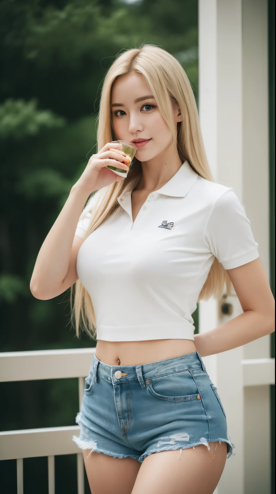 (top-quality、超A high resolution、in 8K、​masterpiece、realisitic、Photorealsitic:1.6)、Nordic beauty、solo、BREAK、blonde  hair、Longhaire、Arms on hips、(White skin、Colossal tits:1.4、big butts:1.4)、The upper part of the body、detailed hairs、hyperdetailed face、Detailed skin、Lustrous skin、Detailed lips、Smile、Break HA、(White polo shirt:1.2、Wearing denim shorts:1.3)、leggy、(Beer mug:1.6、Drinking beer:1.2、uminoie)、Natural lighting