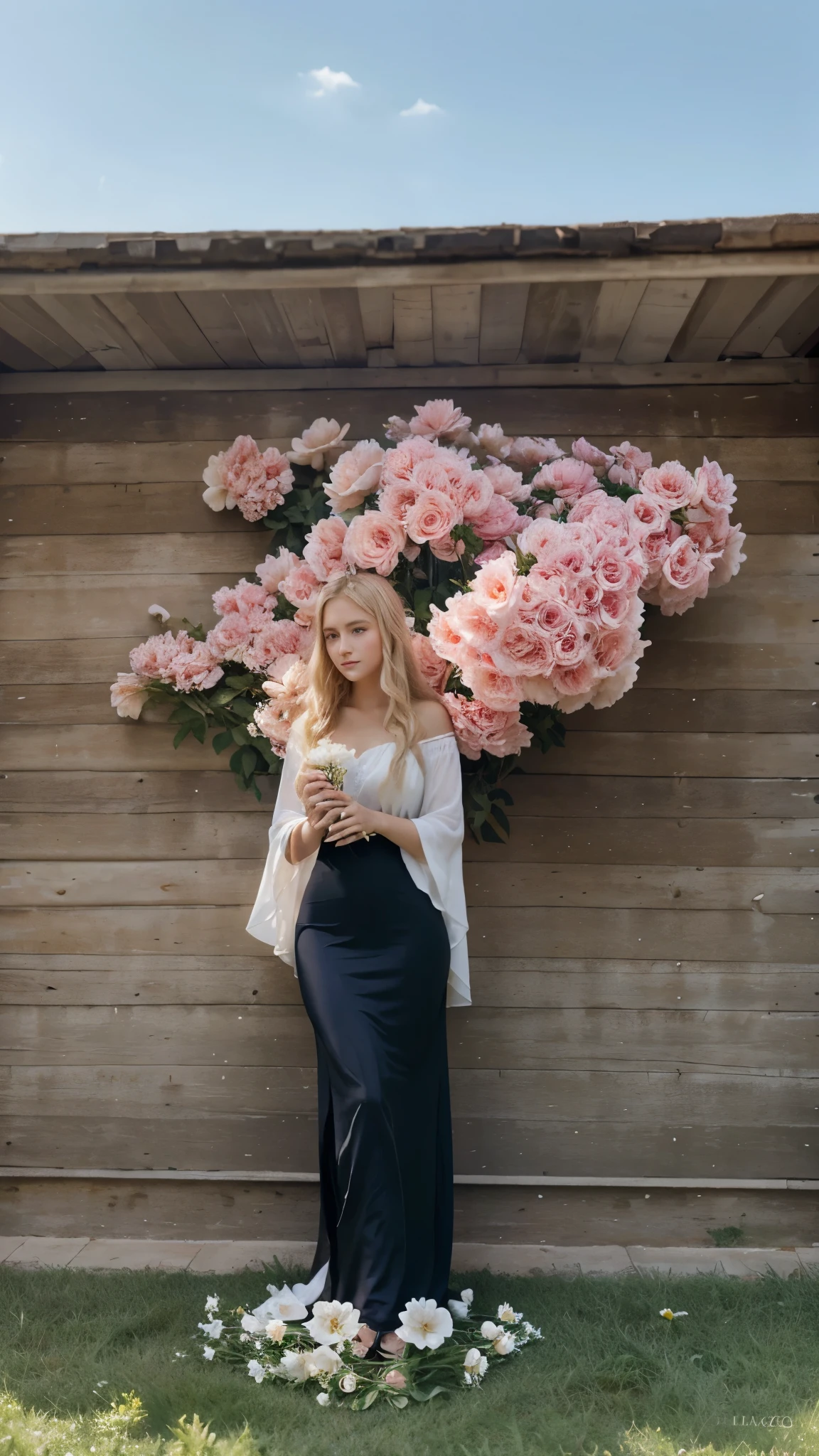 a girl with blond hair in a summer white flowing silk dress holds flowers in her hand with seven frames realistically high quality ultra detailed detailed eyes detailed hair 