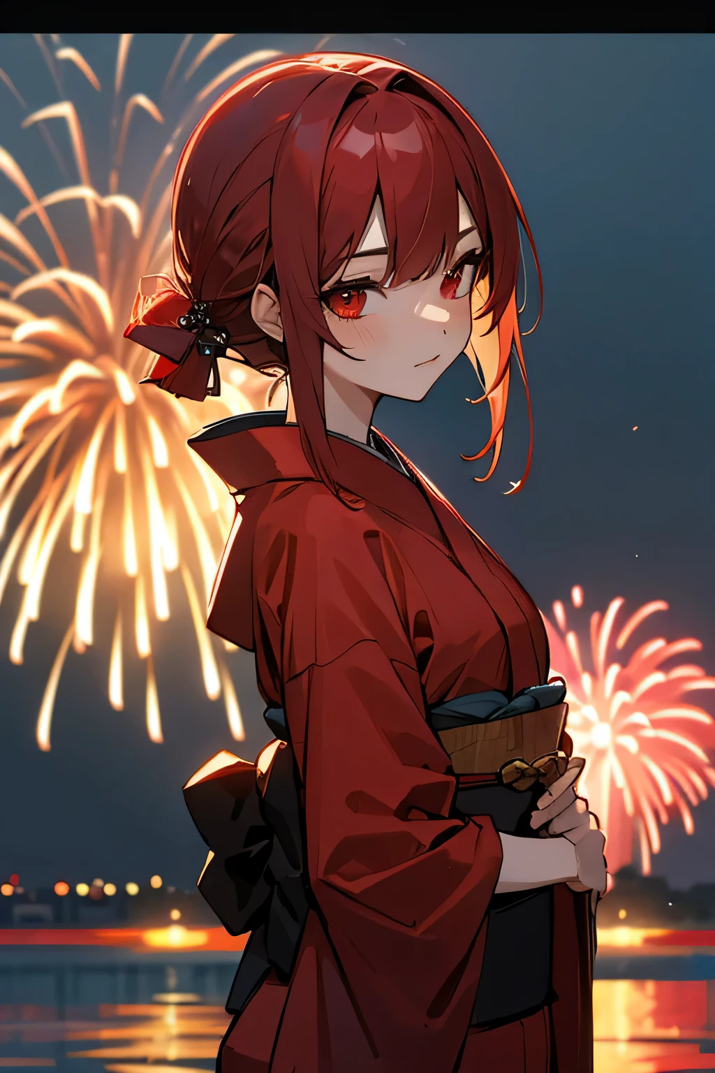 red eyes，Red hair，Wearing a kimono，Fireworks in the background