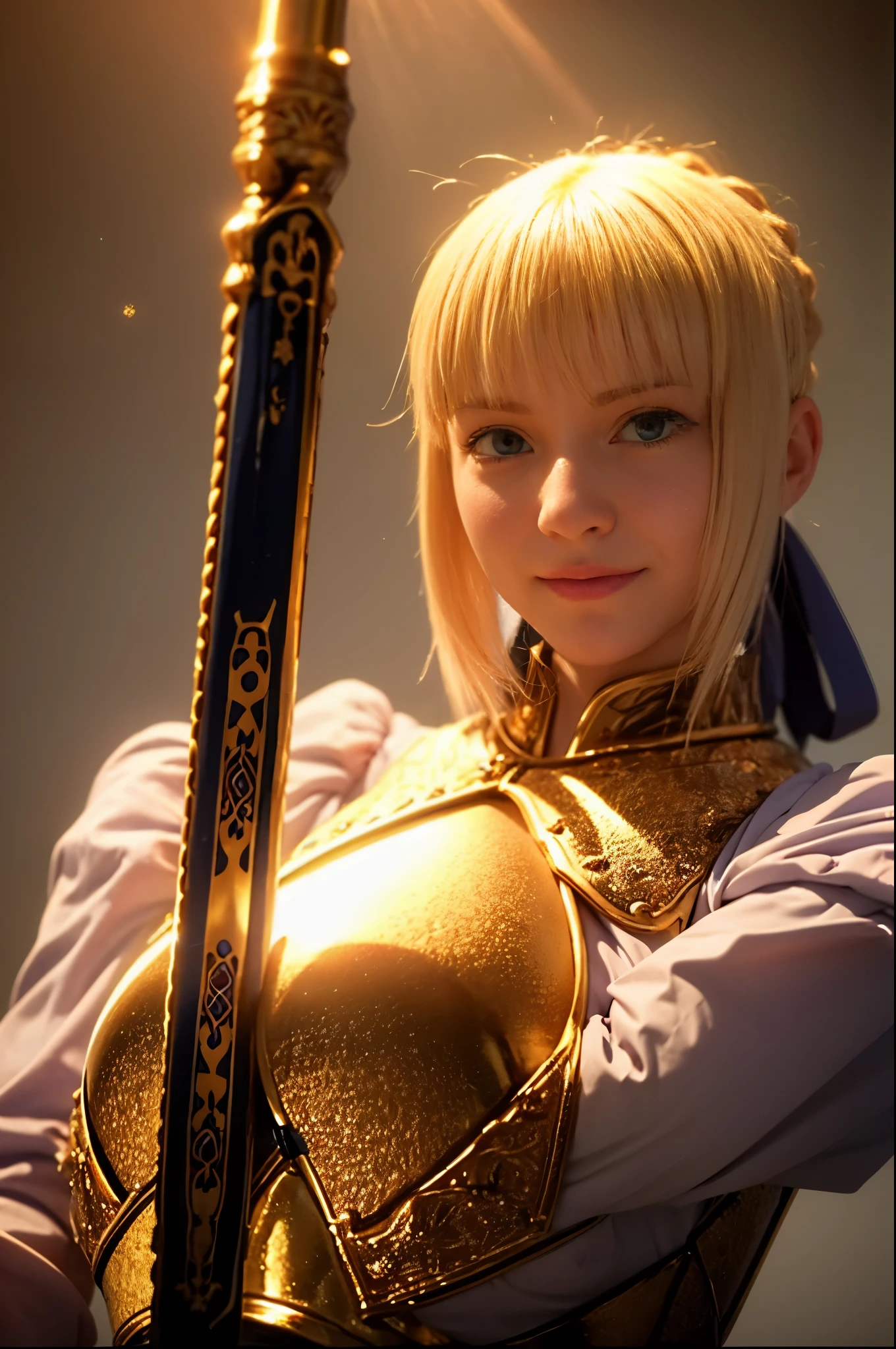 1girl,(((17 years old))),(a blond), (braided single hair bun)), (huge breast:1.5), (smile:1.1), (((armor))), ((beautiful anime eyes with fine detail)), ((indigo blue ribbon)), realistic skin, (intricate details), ((lighting forward)), depth field, ((ultra high resolution, high res)), {highres}, {{very fine 8KCG wallpapers}}, {{very precise detailed}}, ((((masterpiece)))),background old castle, ((grasp a excalibur)), ((golden sword))