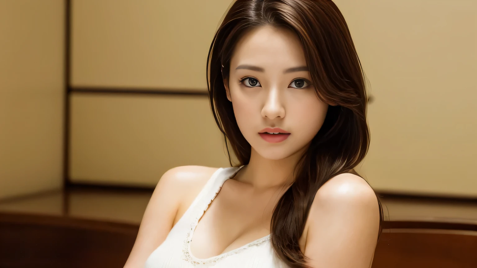 highest quality, table top, ultra high resolution, (Photoreal: 1.4), Front view, Half body, famous japanese actress, revealing clothing, very beautiful woman, cute, Cinematic 35mm lens, f/1 .8, Beautiful double eyes with equal left and right sides, 上Half bodyショット