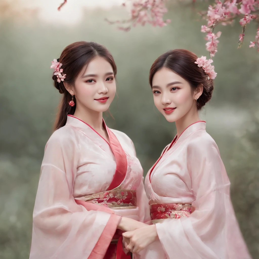 ultra-detailed, slim body, tight waist, small head, small face, beautiful detailed eyes, detailed skin, thin thighs, thin legs, huge round breasts, studio lighting, full shot, earrings, (smile), (embrace), ((hanfu)), ((2 girls in red or pink)), flowers, dusk