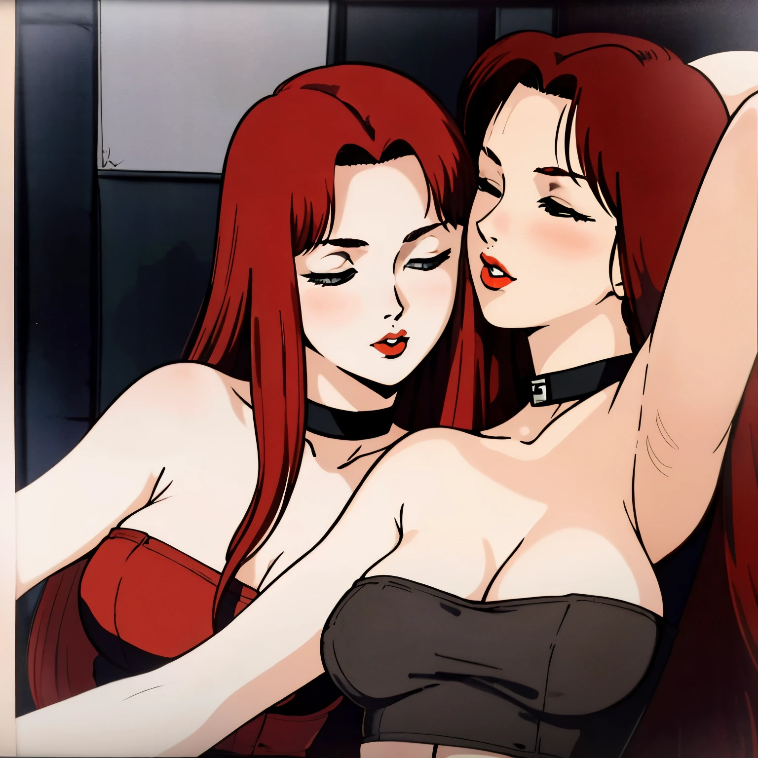 masterpiece,high quality,highres,nsfw, christinamackenzie,2girls, bedroom, facing camera, thin body, arched back, curvy butt, belly, red corset, black corset, kiss mouth, pucker kiss,smooch kiss, horny, closed eyes, (red lips:1.0), choker, face blush, (pale skin:1.2), long hair,parted bangs,red hair,green eyes, 