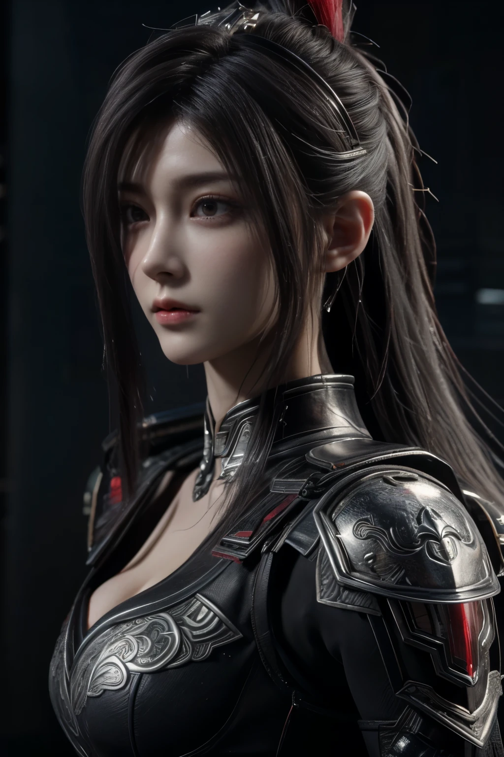 Masterpiece,Game art,The best picture quality,Highest resolution,8K,(Portrait),Unreal Engine 5 rendering works,(Digital Photography),((Portrait Feature:1.5)),
20 year old girl,Short hair details,With long bangs,(The red eye makeup is very meticulous),(With long gray hair:1.4),(Large, full breasts),Elegant and noble,Brave and charming,
(Future armor combined with the characteristics of ancient Chinese armor,Hollow design,Power Armor,The mysterious Eastern runes,A delicate dress pattern,A flash of magic),Warrior of the future,Cyberpunk figures,Background of war,
Movie lights,Ray tracing,Game CG,((3D Unreal Engine)),OC rendering reflection pattern