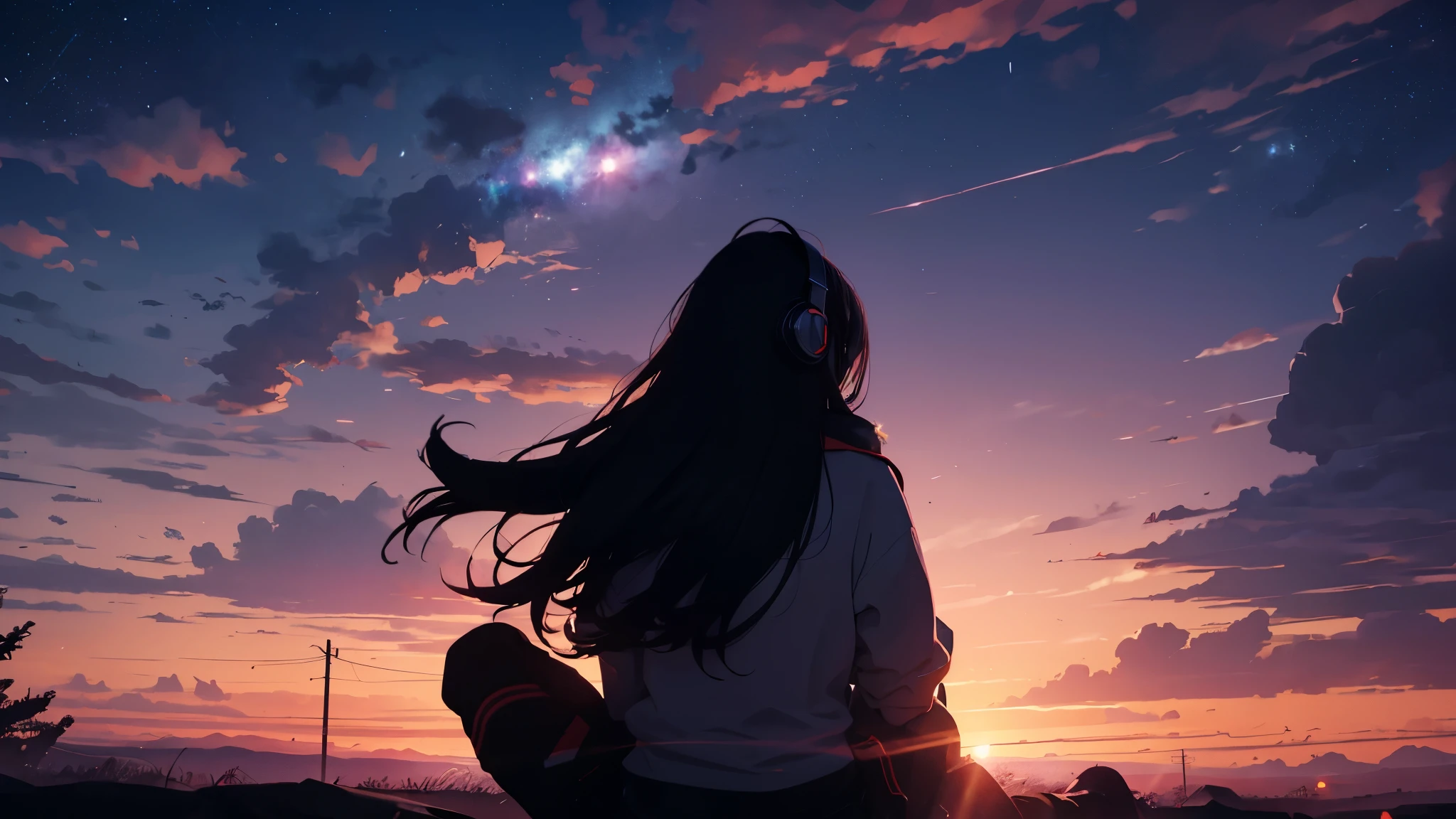 octane, red sunset, star (null), scenery, starnull, night, 1 girl,silhouette, Wearing headphones,nightnull, alone, outdoors, 山のsilhouette, cloud, milky way, sitting,nullを見上げている, ,流れstar,wood, long hair, city, scape,