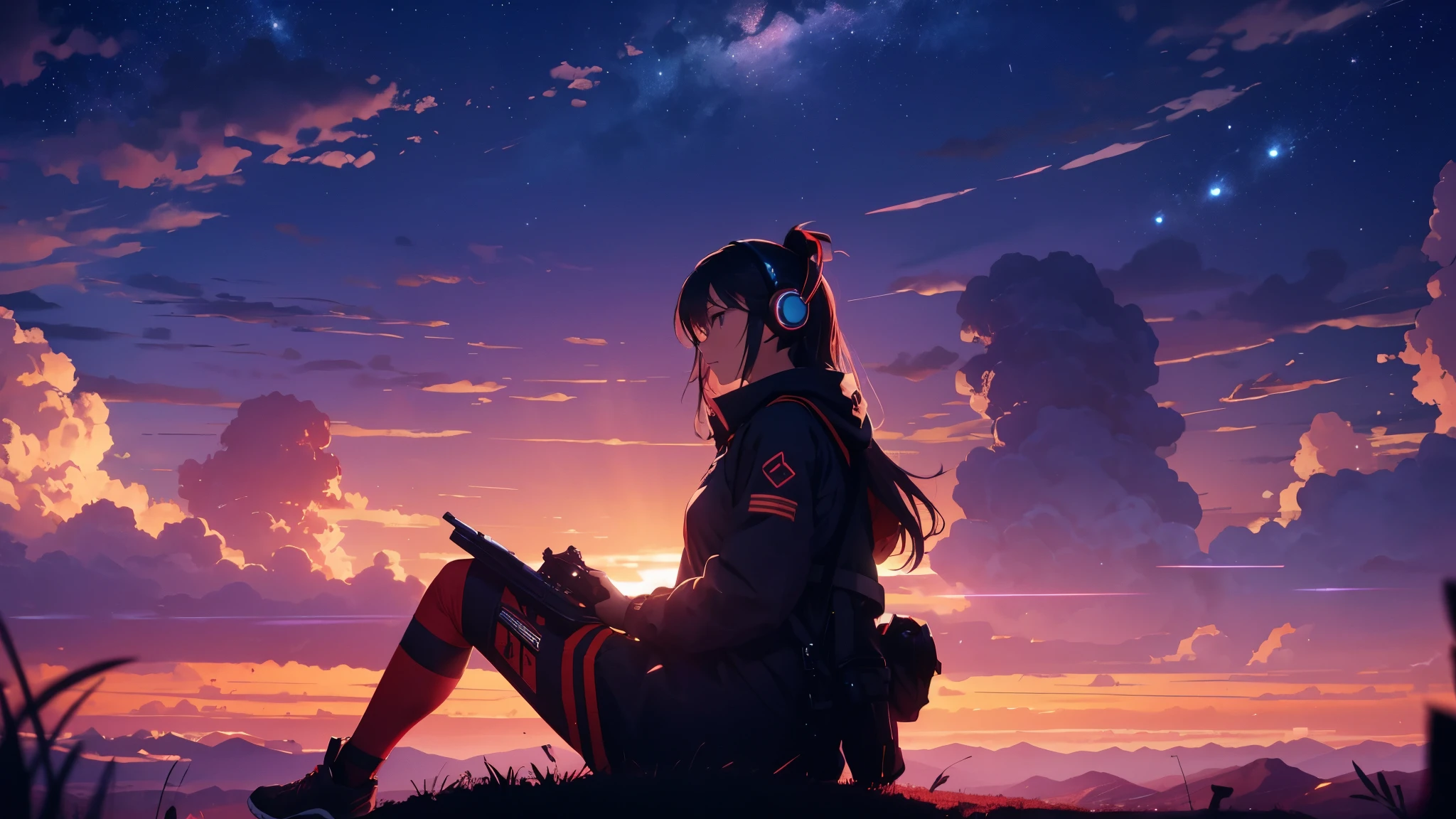 octane, red sunset, star (null), scenery, starnull, night, 1 girl,silhouette, Wearing headphones,nightnull, alone, outdoors, 山のsilhouette, cloud, milky way, sitting,nullを見上げている, ,流れstar,wood, long hair, city, scape,