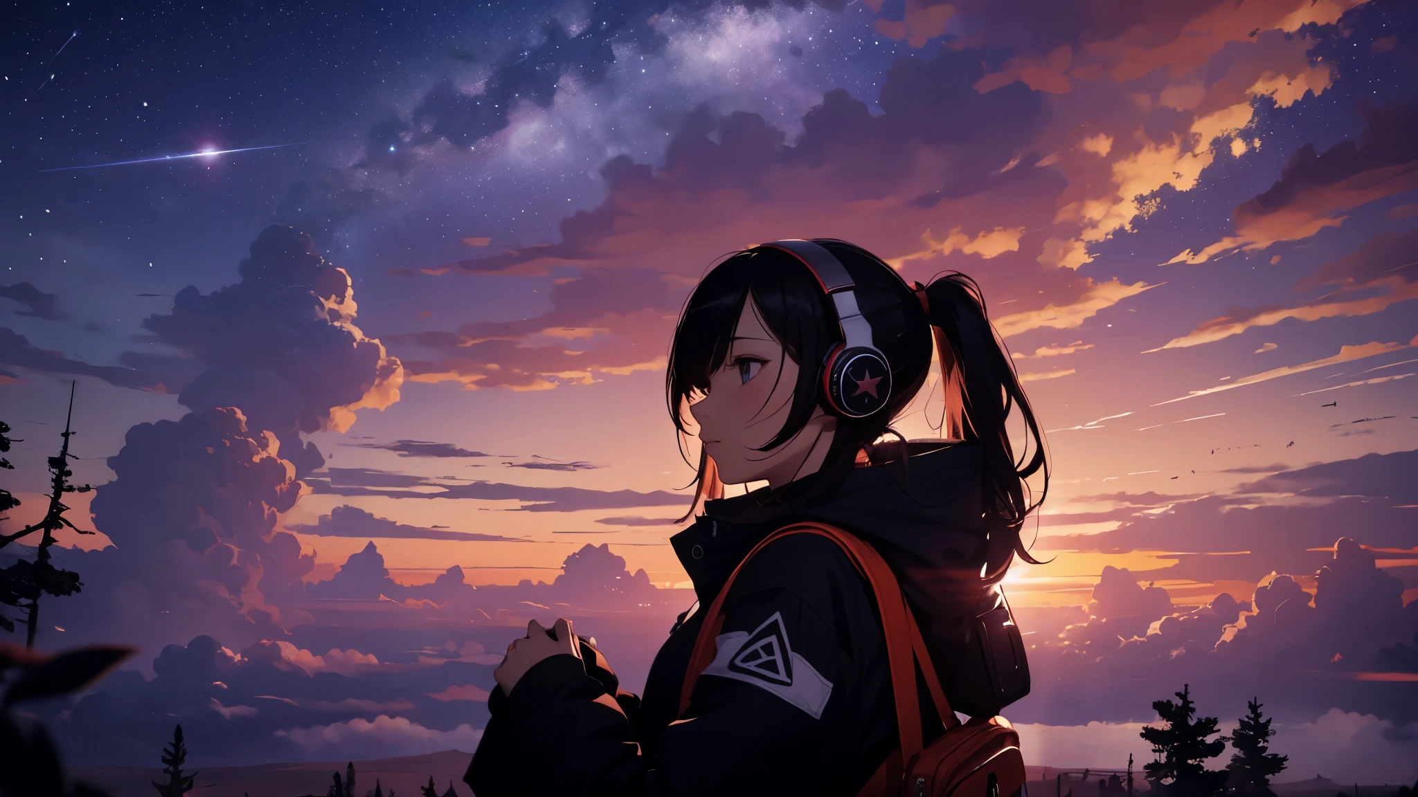 octane, red sunset, star (null), scenery, starnull, night, 1 girl,silhouette, Wearing headphones,nightnull, alone, outdoors, 山のsilhouette, cloud, milky way, sitting,nullを見上げている, ,流れstar,wood, long hair, city, scape,