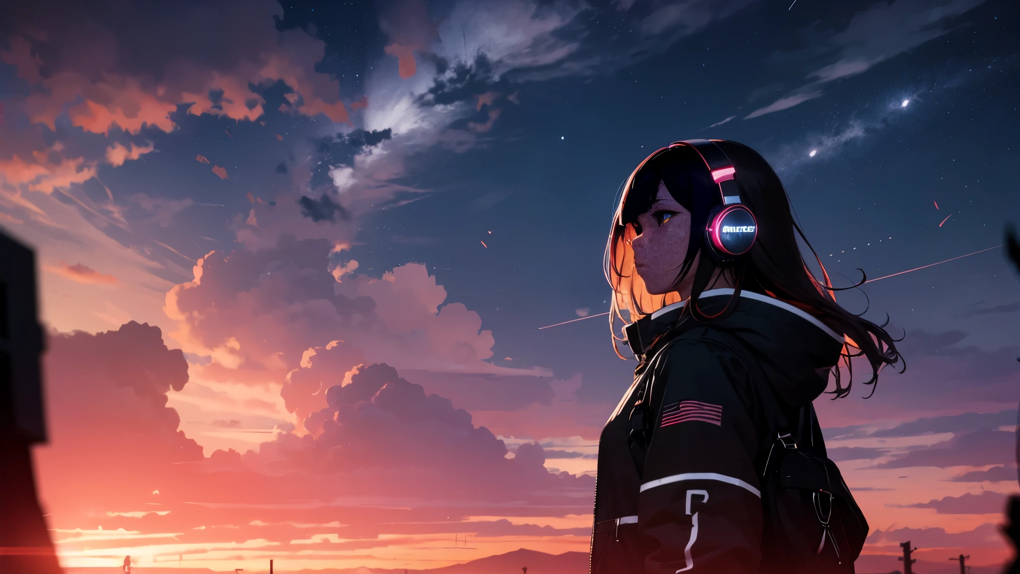 octane, red sunset, star (null), scenery, starnull, night, 1 girl,silhouette, Wearing headphones,nightnull, alone, outdoors, 山のsilhouette, cloud, milky way, sitting,nullを見上げている, ,流れstar,wood, long hair, city, scape,