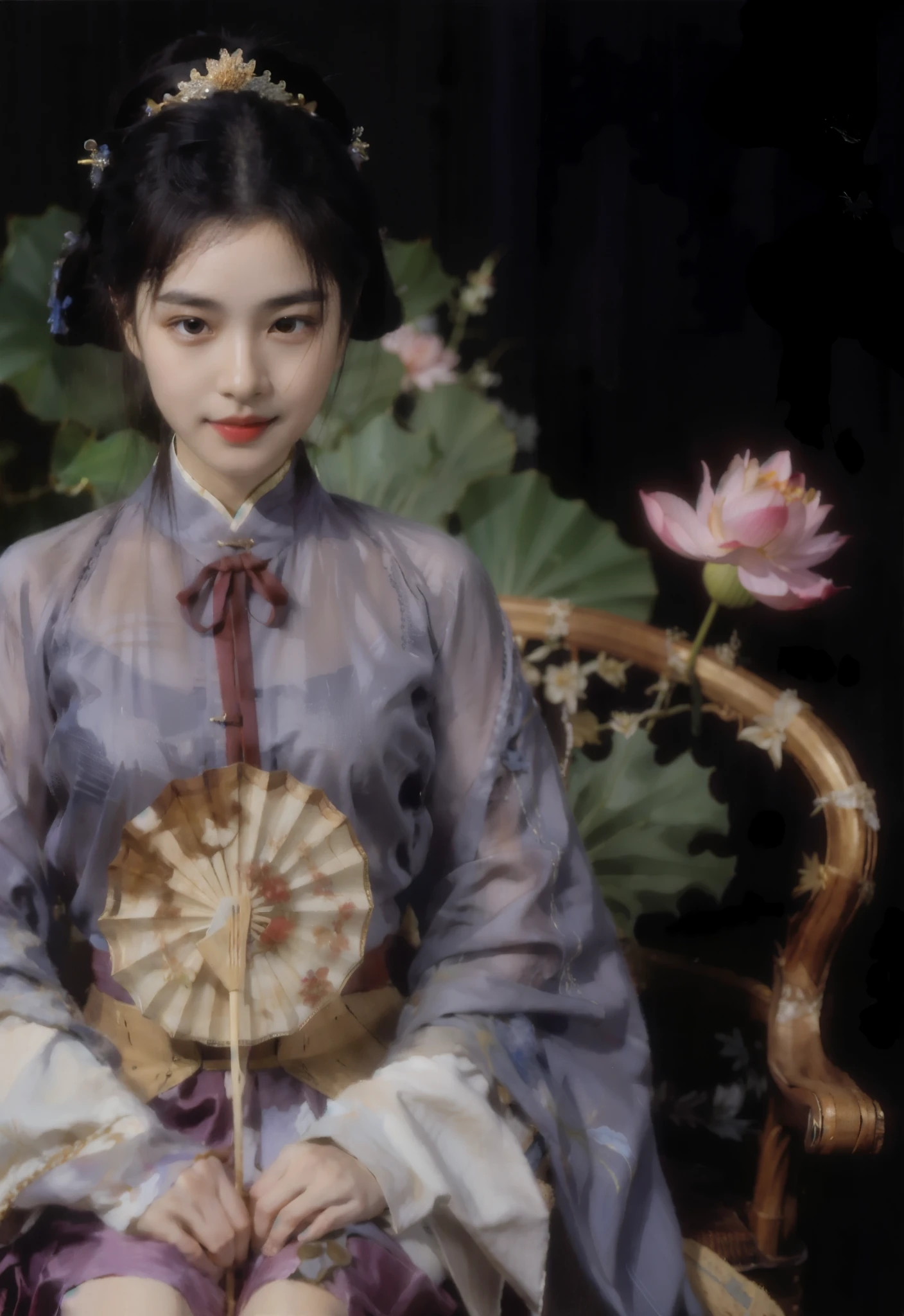 best quality，masterpiece，（painting：1.6）Wearing purple Hanfu，Fide woman wearing gauze skirt sitting on wooden sculpture chair，wood carving chair，背后有lotus以及lotus leaf，lotus，lotus leaf，Holding a round fan, queen of china, palace ， girl wearing hanfu, chinese princess, Inspired by Yun Shouping, Inspired by Chen Rong, ancient chinese princess, Chen Jiru, Inspired by Zhang Xuan, chinese woman, beautiful fantasy queen, Gurwitz style artwork。Ancient Chinese clothes，chiffon，folding fan。美丽的folding fan。Holding round fan in hand (:1.5),（Amy Sole：0.248），（Stanley Ategg Liu：0.106），（a detailed painting：0.353），（文艺复兴古典painting风格：0.8）
\\
a woman with long black hair(Amy Sole:0.248), (Stanley Liu:0.106), (a detailed :0.353), (gothic art:0.106)（Amy Sole：0.248），（Stanley Ategg Liu：0.106），（a detailed painting：0.353），（文艺复兴古典painting风格：0.8）