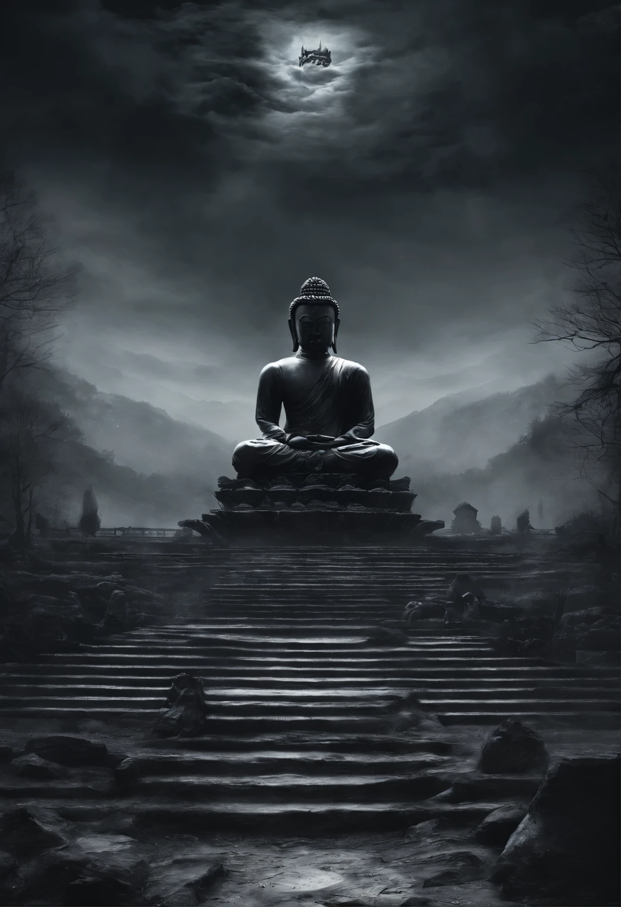 The artwork of the masterpiece is predominantly dark in style,In the distance stands a gorgeous black Buddha statue,Huge and awesome。Pilgrims on the road slowly advance along the stately stone steps,See this magnificent sight。The details are extremely delicate,It's hard to stop and watch。Official art showcases high-quality craftsmanship,Bring viewers an unimaginable visual experience。This painting is HD 8K wallpaper,Will take you into a mysterious and sacred world。Close. Clear face.
