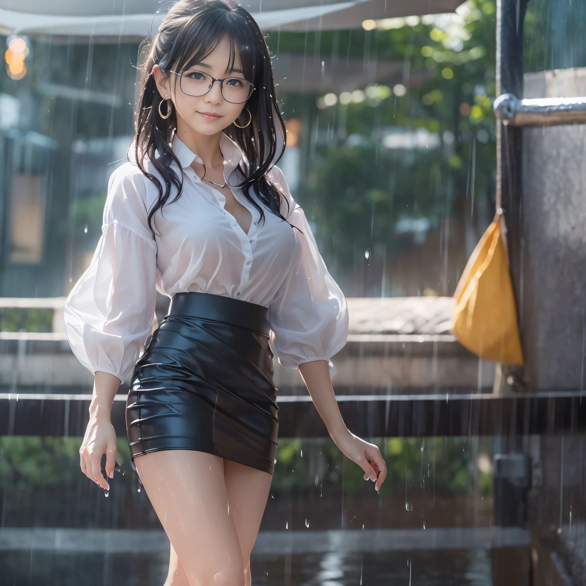 (realistic、Like a photograph、live action、8k, Photoreal, RAW photo, best image quality: 1.4), RAW photo, highest quality, realistic, Highly detailed CG Unity 8k wallpaper, Depth of written boundary, cinematic light, Lens flare, ray tracing,(rain:1.4、hair is wet、clothes are wet、clothes are transparent:1.37)、 (very beautiful face, beautiful lips, beautiful eyes), (Tight Skirt:1.3、white blouse:1.3、Glasses:1.5)、(big breasts、emphasize the chest:1.1)、face with intricate details, ((super dense skin))、 1 female,beautiful japanese woman、Japanese office lady、((outdoors:1.4)),(looking at the viewer)、((full body shot:1.1、Curvaceous:1.4))、random hairstyle:1.2、cleavage:1.2、i like the style、Snazzy、super detail face、pay attention to details、short bob hair、Fluffy Bob、sneakers、earrings、necklace、Highly detailed and professional illuminated smile、perfect costume、(white skin)、(I can see the whole body)