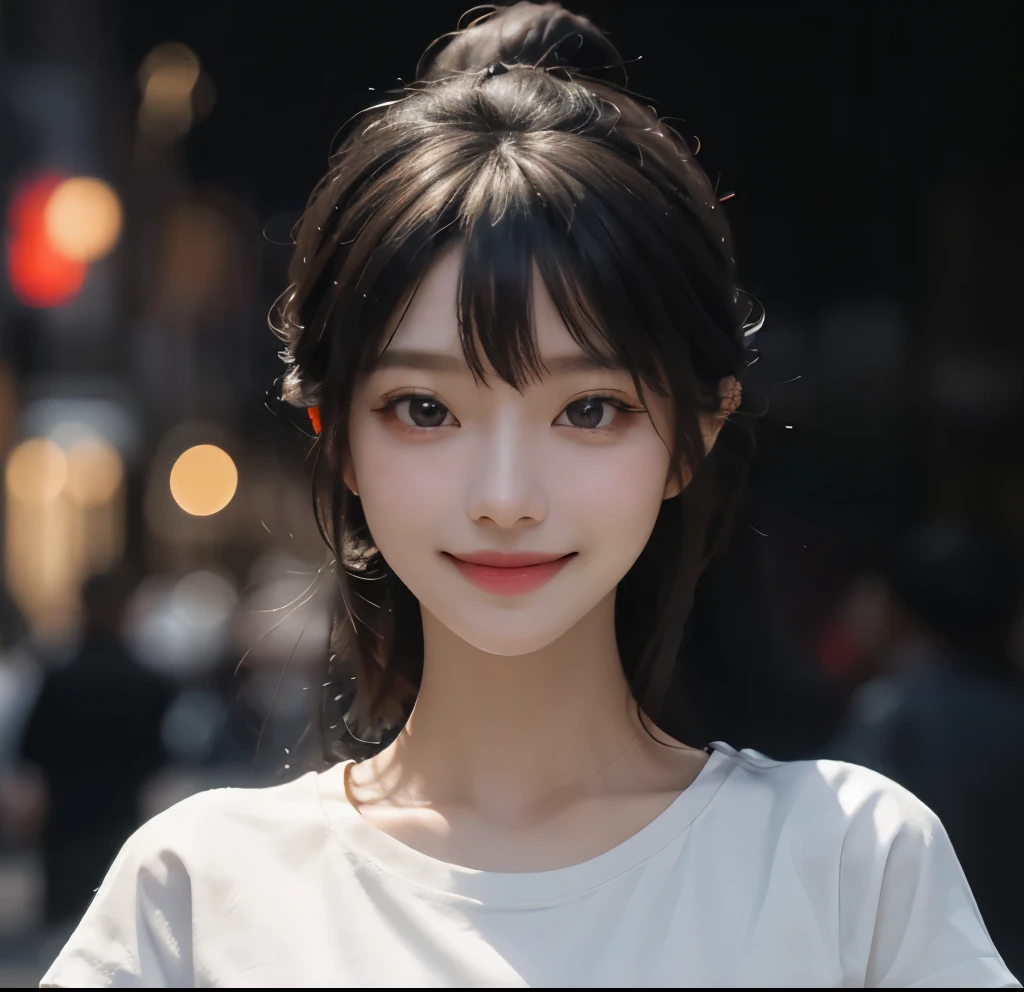 beautiful lighting, real life, beautiful professional woman, smile, eyes staring at smartphone, full body figure, Complex, high detail, sharp focus, surreal, 8k, masterpiece, 最high quality, high quality, Detailed face and skin texture, white t-shirt