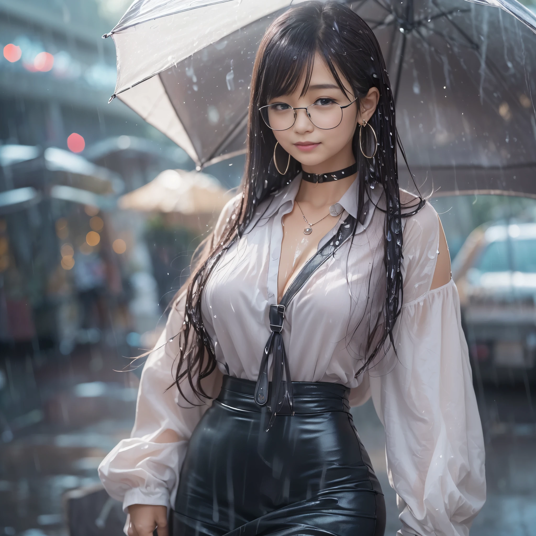 (realistic、Like a photograph、live action、8k, Photoreal, RAW photo, best image quality: 1.4), RAW photo, highest quality, realistic, Highly detailed CG Unity 8k wallpaper, Depth of written boundary, cinematic light, Lens flare, ray tracing,(rain:1.4、hair is wet、clothes are wet、clothes are transparent:1.37)、 (very beautiful face, beautiful lips, beautiful eyes), (Tight Skirt:1.3、white blouse:1.3、Glasses:1.5)、(big breasts、emphasize the chest:1.1)、face with intricate details, ((super dense skin))、 1 female,beautiful japanese woman、Japanese office lady、((outdoors:1.4)),(looking at the viewer)、((full body shot:1.1、Curvaceous:1.4))、random hairstyle:1.2、cleavage:1.2、i like the style、Snazzy、super detail face、pay attention to details、short bob hair、Fluffy Bob、sneakers、earrings、necklace、Highly detailed and professional illuminated smile、perfect costume、(white skin)、(I can see the whole body)