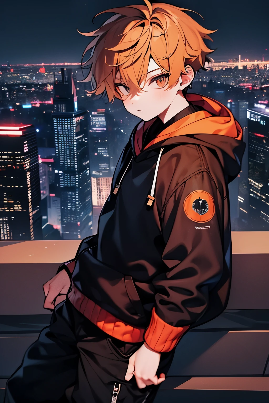 masterpiece, best quality, highres, 4kres, Young boy with orange hair looking the city lights at night from a high balcony. The city is like new york. He is dressed with a hoodie and long cargo pants He is looking at the city, not the camera