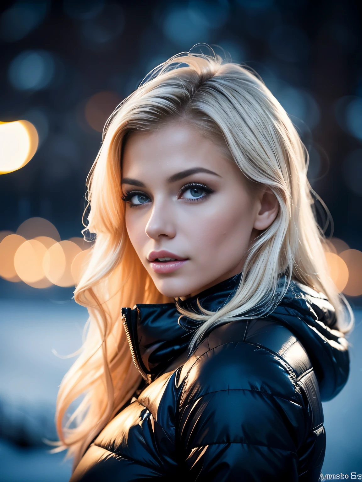 From side. Extreme closeup portrait of an ultra hot gorgeous European woman.age 23. She’s a playmate and men magazine model. Blonde wavy hair. Naked. She flirts with camera. Snowy Outdoor night studio shot. Bokeh. ((Rule of third))