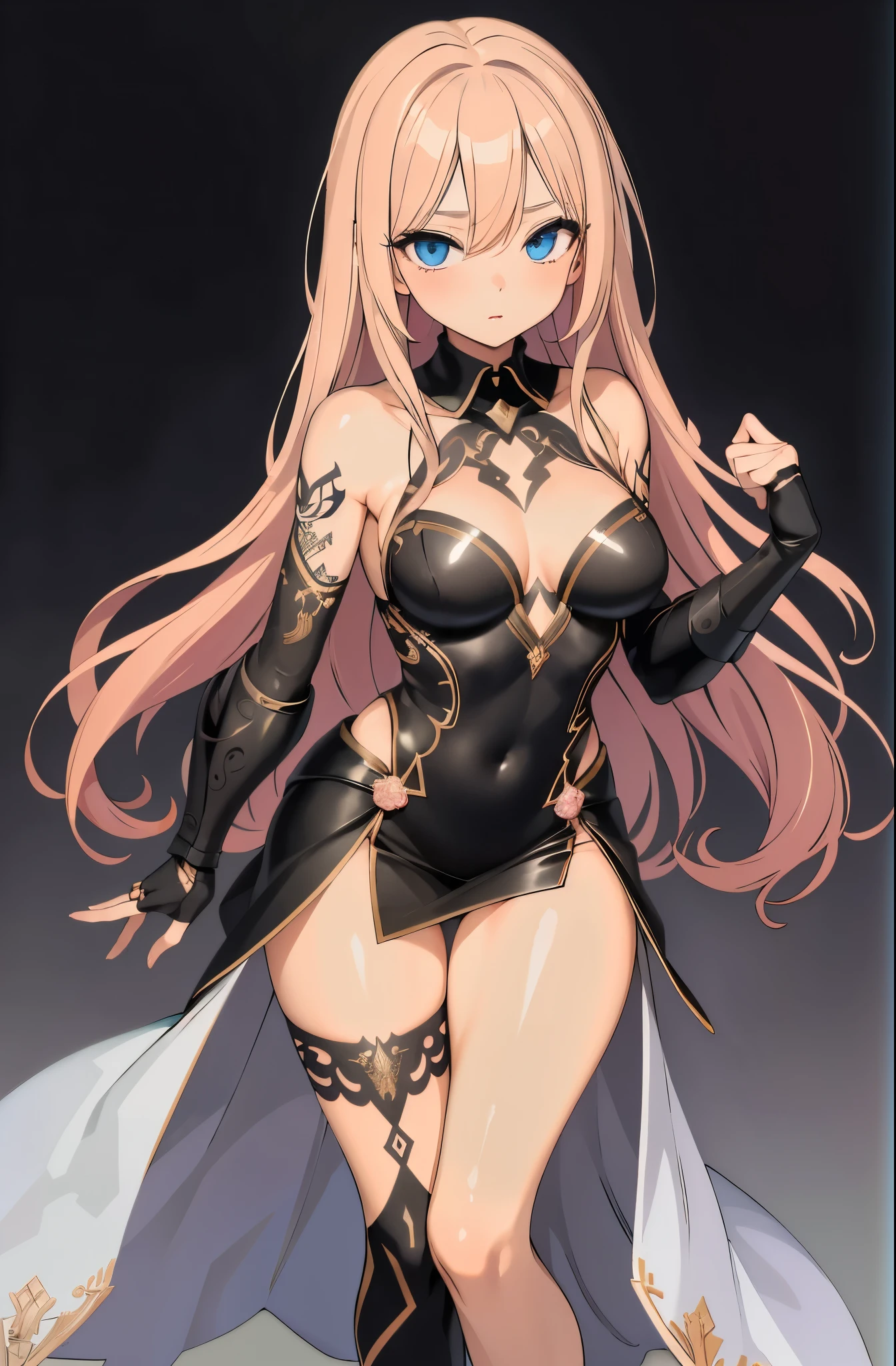 1girl, anime, cute girl, blank background, white background, fantasy, detailed fantasy dress with highlights, beautiful face, beautiful eyes, dark colors, pink hair with some streaks of blue strands, different color pupil in eye, medium small breasts (slightly big), slight cleavage, beautiful skin, cute, breast curtains, extremely delicate and beautiful, (beautiful detailed face:1.0), (detailed deep eyes), symmetrical breasts, deep eyes, shiny skin, portrait, slender waist, hips wider than shoulders, thighs, expressionless, young girl, luminous eyes, adorable,(Kpop idol),(aegyo sal:1),(Platinum blonde hair:1),((puffy eye)),Black panty,sexy posture,Superskirt, ultra high resolution,Black collar,slim figure, Abdominal y tattoo, womb tattoo,Tight-fitting leg ring,y tattoo on half-body,Bare skin, Armored hand,Hidden fingertips,Hand covered,Arm covered,Fist covered,{{beautiful detailed fingers}}, tufts of hair,