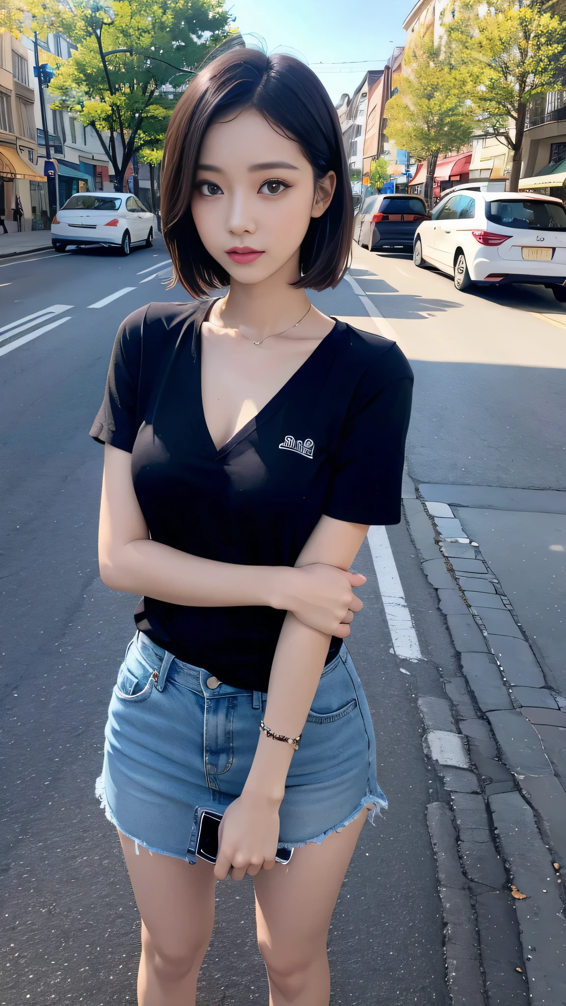 best image quality、RAW photo、超A high resolution、18 year old female、Shooting for one person only、model shoot、spring clothes、fashionable clothes、Beautiful eyes in every detail、very long term、beautiful eyelashes、beautiful double eyelids、very thin legs、light brown short hair、very thin physique,street