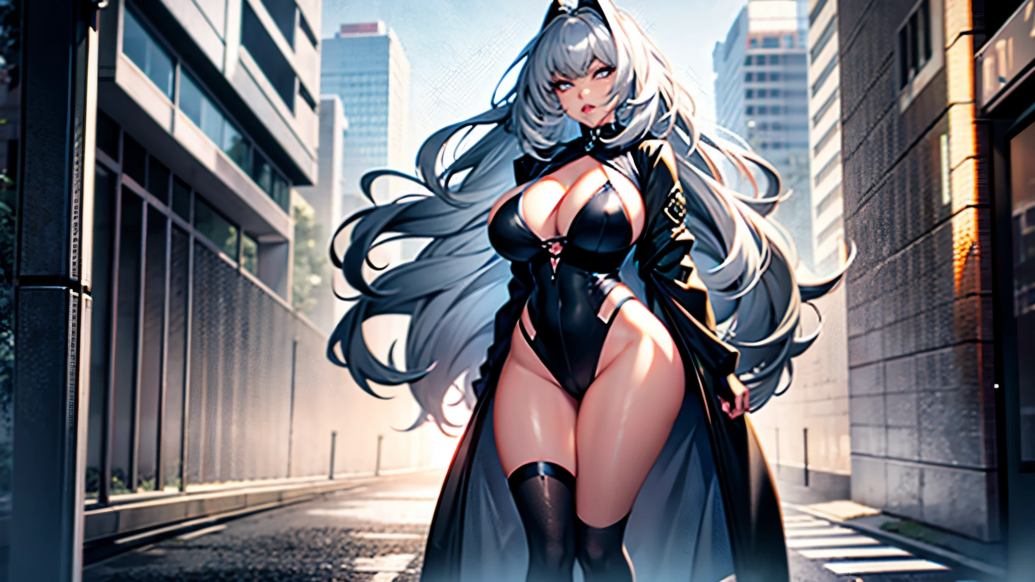 grey hair, long hair , grey lips, fierce eye, lick lips , outdoor background ,full body, big breast.