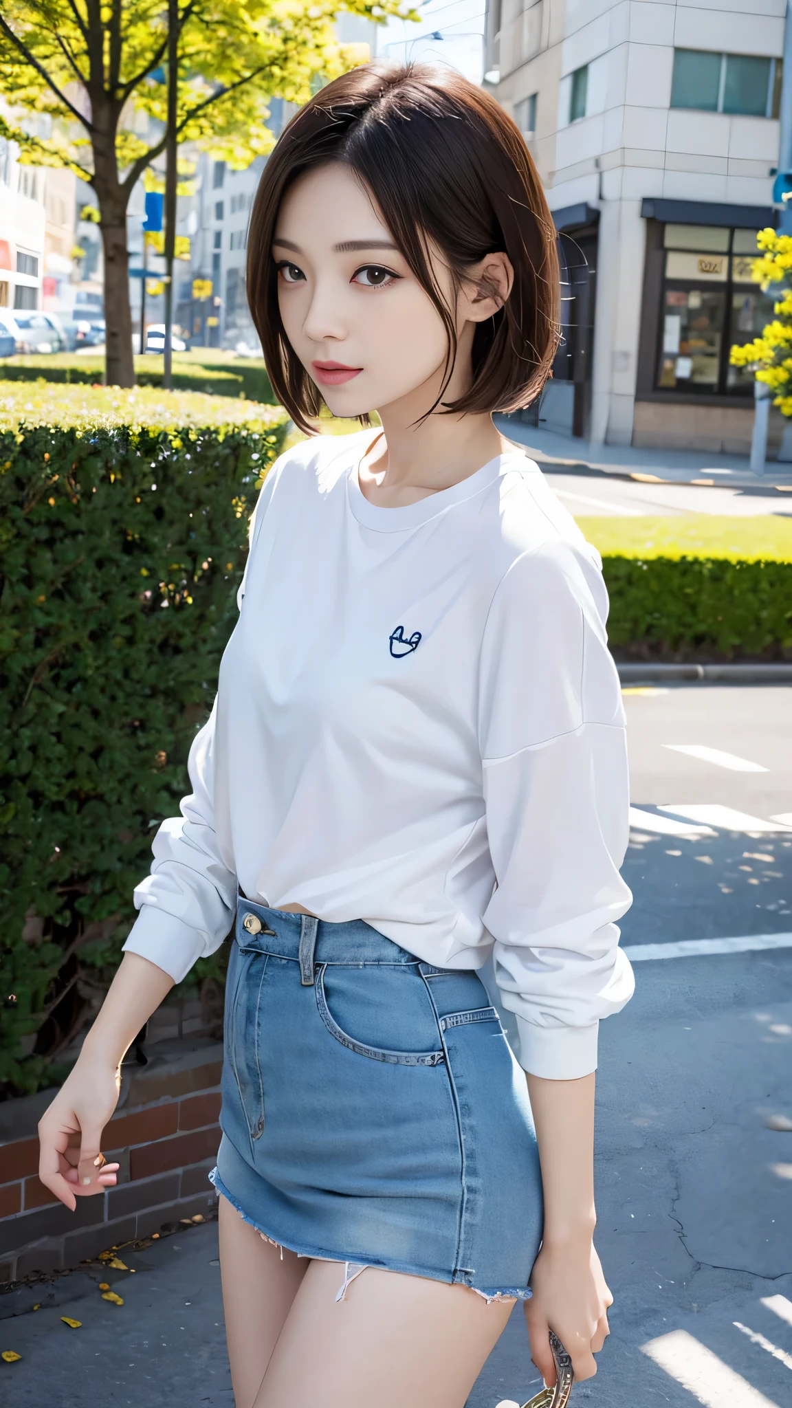 (top-quality、16K resolution) 1 girl、solo、natural soft light、smile, Looking at the camera、Long sleeve white T-shirt、Concrete background、Facing the front、is standing、Woman in her late teens、Light bangs、Salon model、Natural look、portlate、floated hair、Rolled hair