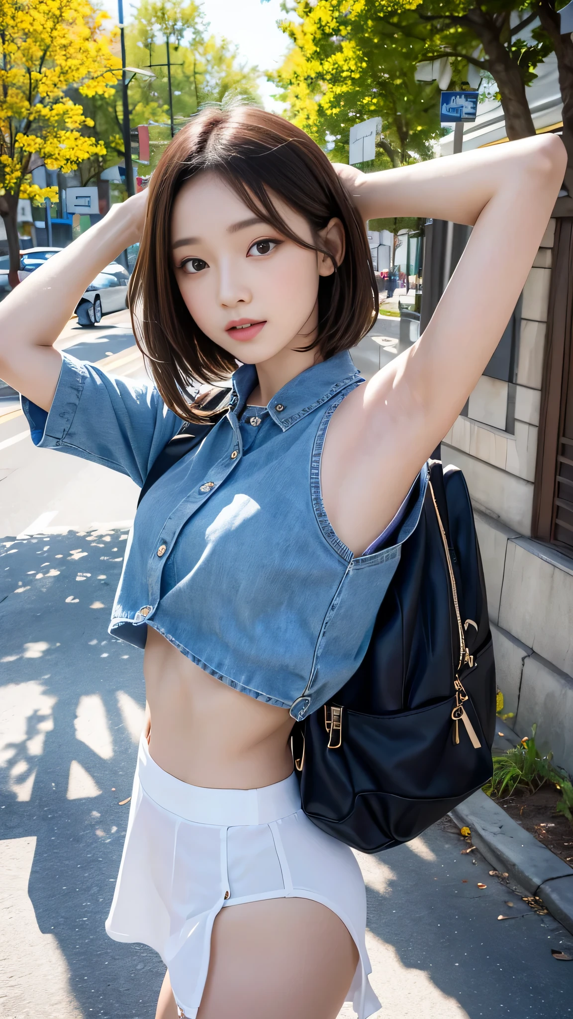best image quality、RAW photo、超A high resolution、18 year old female、Shooting for one person only、model shoot、springの装い、fashionable clothes、Beautiful eyes in every detail、very long term、beautiful eyelashes、beautiful double eyelids、very thin legs、light brown short hair、very thin physique,street、various poses,Photographed from various angles,spring、clear sky、
