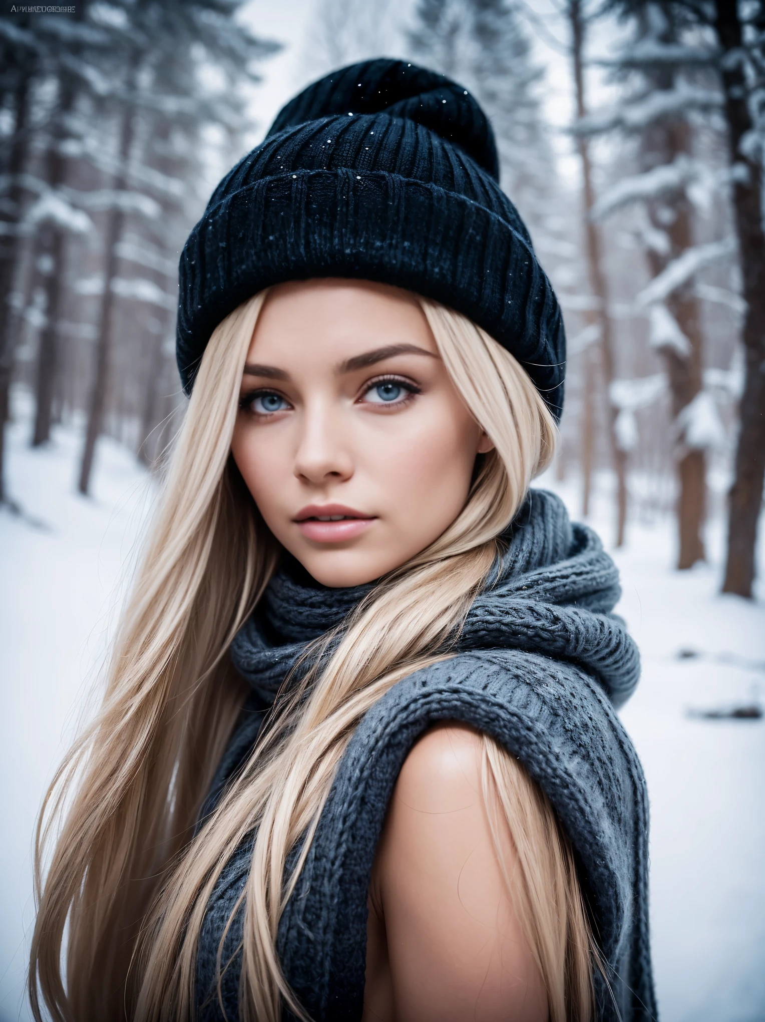 A high-quality professional portrait photograph of an ultra hot gorgeous stunning Swedish woman. Age 23. She’s a playmate and men magazine model. She’s wearing a stylish winter outfit, complete with a knitted hat and scarf, showcasing her long, flowing, wavy blonde hair. The soft winter light gently illuminates her delicate features, enhancing the serene winter wonderland background. The image is composed in a classic portrait style, capturing the essence of Nordic beauty and elegance. ((Rule of third))