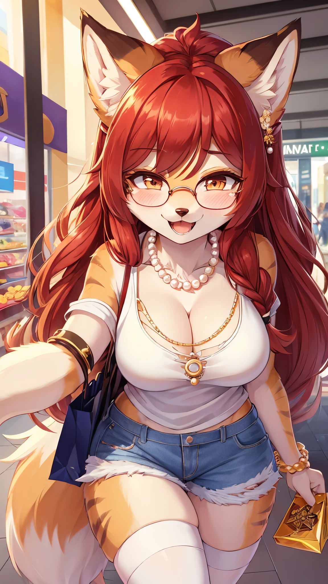(fluffy anthro furry :1.6),fox girl,red long hair,wavy hair,medium breasts,ultra detailed fur,glasses,pearl necklace,gold bracelet,flower hairpin,white short T-shirt,cleavage,shoulder bag,gold body chain,torn denim shorts,white stocking,upper body only,full face blush,squinting eyes,passionated face,smile,looking at viewer,shopping mall,open mouth