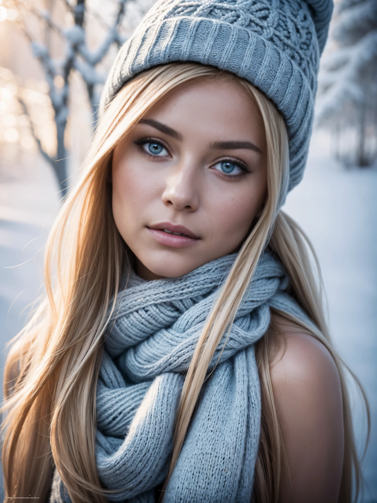 A high-quality professional portrait photograph of an ultra hot gorgeous stunning Swedish woman. Age 23. She’s a playmate and men magazine model. She’s wearing a stylish winter outfit, complete with a knitted hat and scarf, showcasing her long, flowing, wavy blonde hair. The soft winter light gently illuminates her delicate features, enhancing the serene winter wonderland background. The image is composed in a classic portrait style, capturing the essence of Nordic beauty and elegance. ((Rule of third))