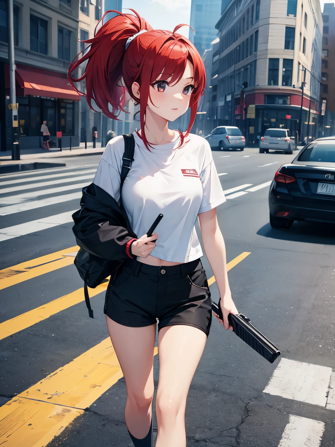 1girl,Red hair, ponytail, plain white t-shirt, black shorts, in the middle of the city, rain,Midday,Walk,Carrying a firearm