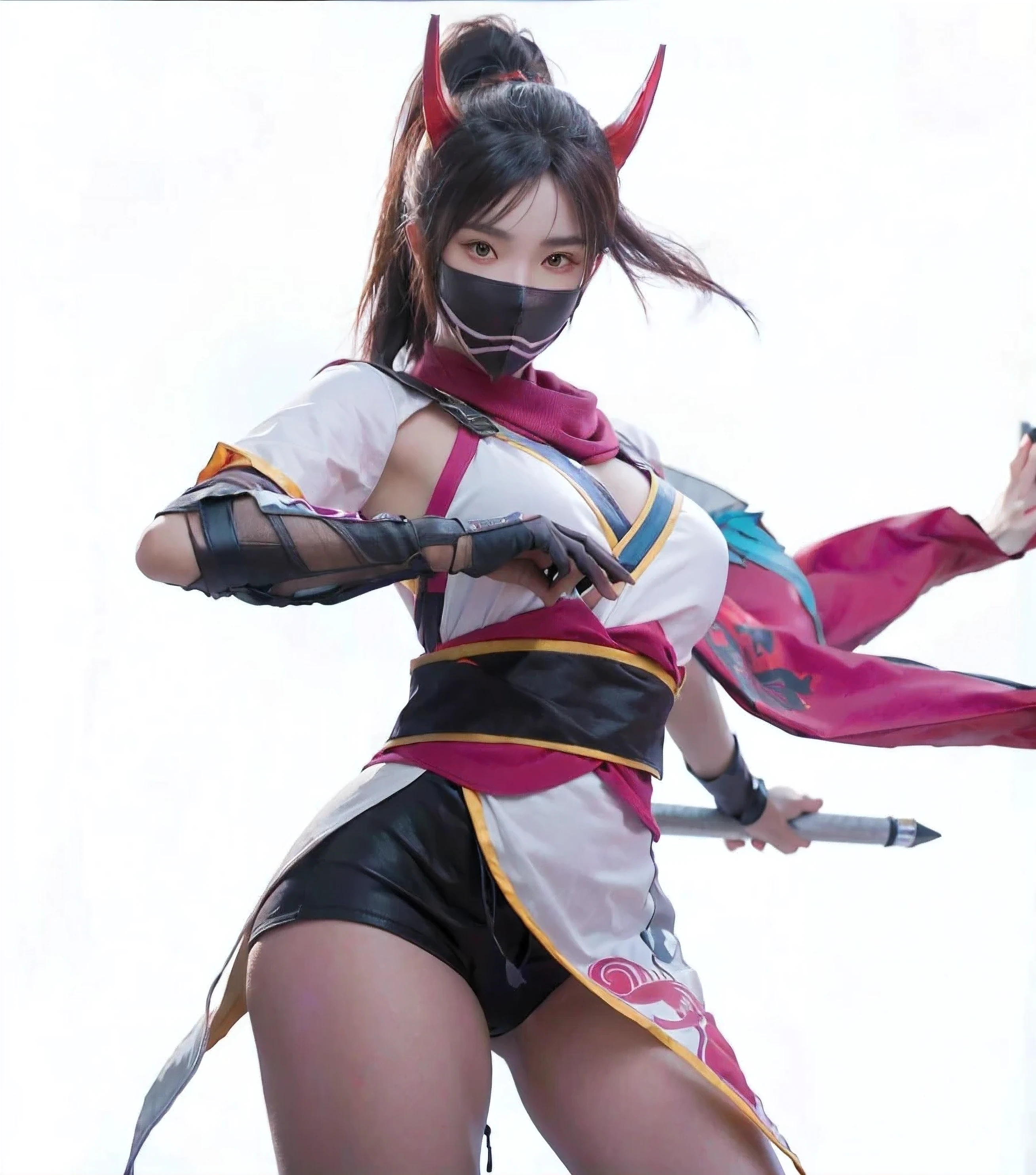 A beautiful Japanese assassin sitting and holding a word, Wearing a half-demon mask, Dressed in purple and black, Inspired by《League of Legends》Akali in, High low angle shot, dark environment, Good face shape, Good shape, Good player, High low angle shot, Realistic 3A game rendering, 3D game rendering style, UE4 rendering, c4d rendering, Octane Red Sodium, blender style, game art, Unreal Engine 5, Front view