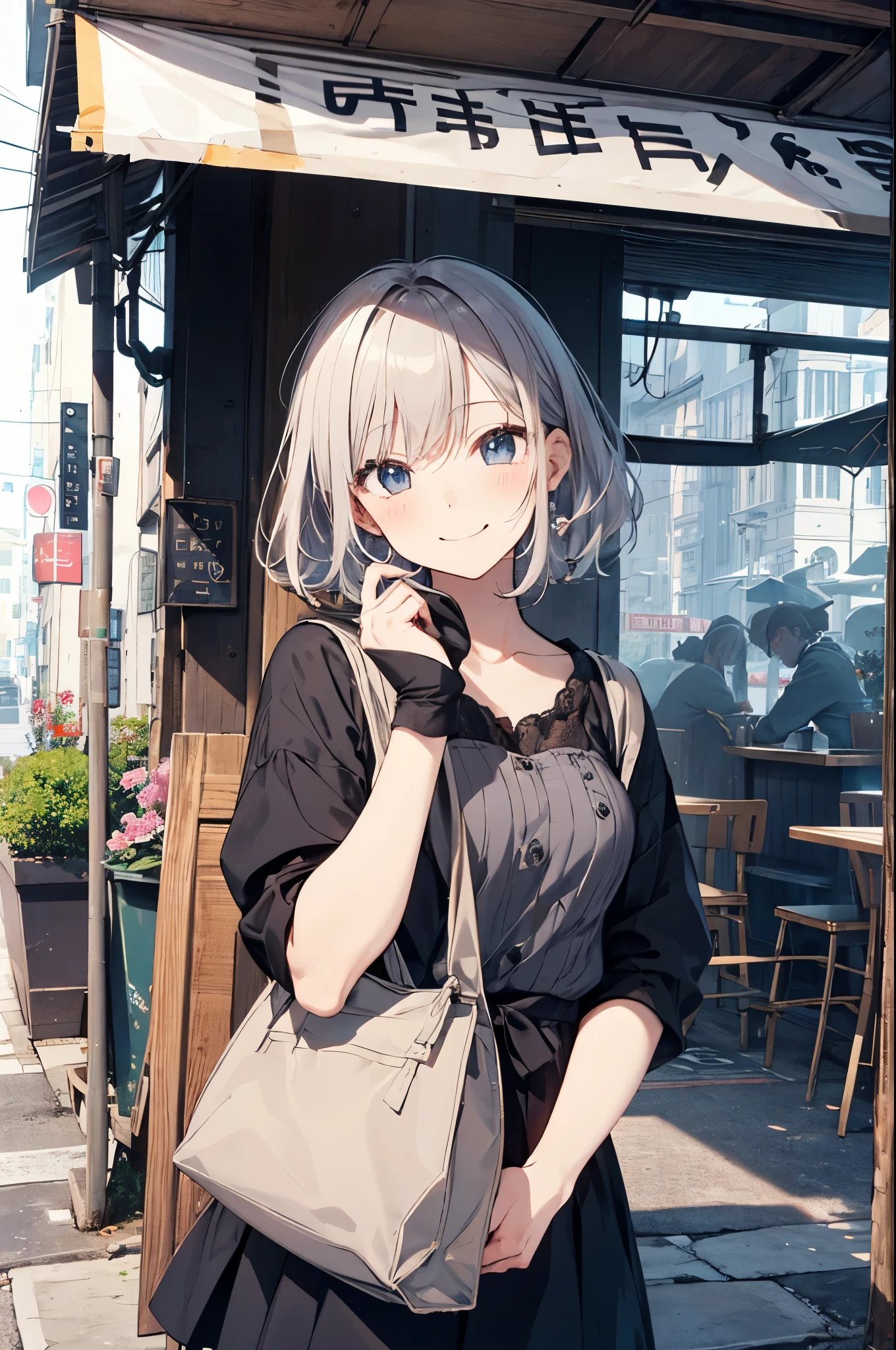 （Pretty sister:1.3）、happy face,spring atmosphere、noon、aggressive、hot、((strong wind))、Cafe