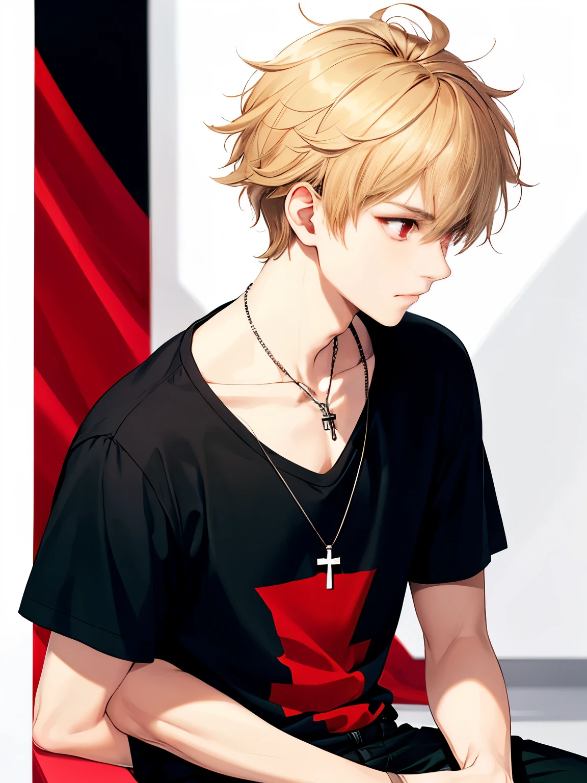 1 boy,solo,20 years old,guy,Facing left, camera angle from the side, look away, Hitting people ,HD face,cross necklace,handsome,messy hair,Perfect face, short hair, blonde hair,black t-shirt, Plain t-shirt,black t-shirt,short sleeve t-shirt,black trousers, Long pants,red eyes,bright red eyes, vampire
